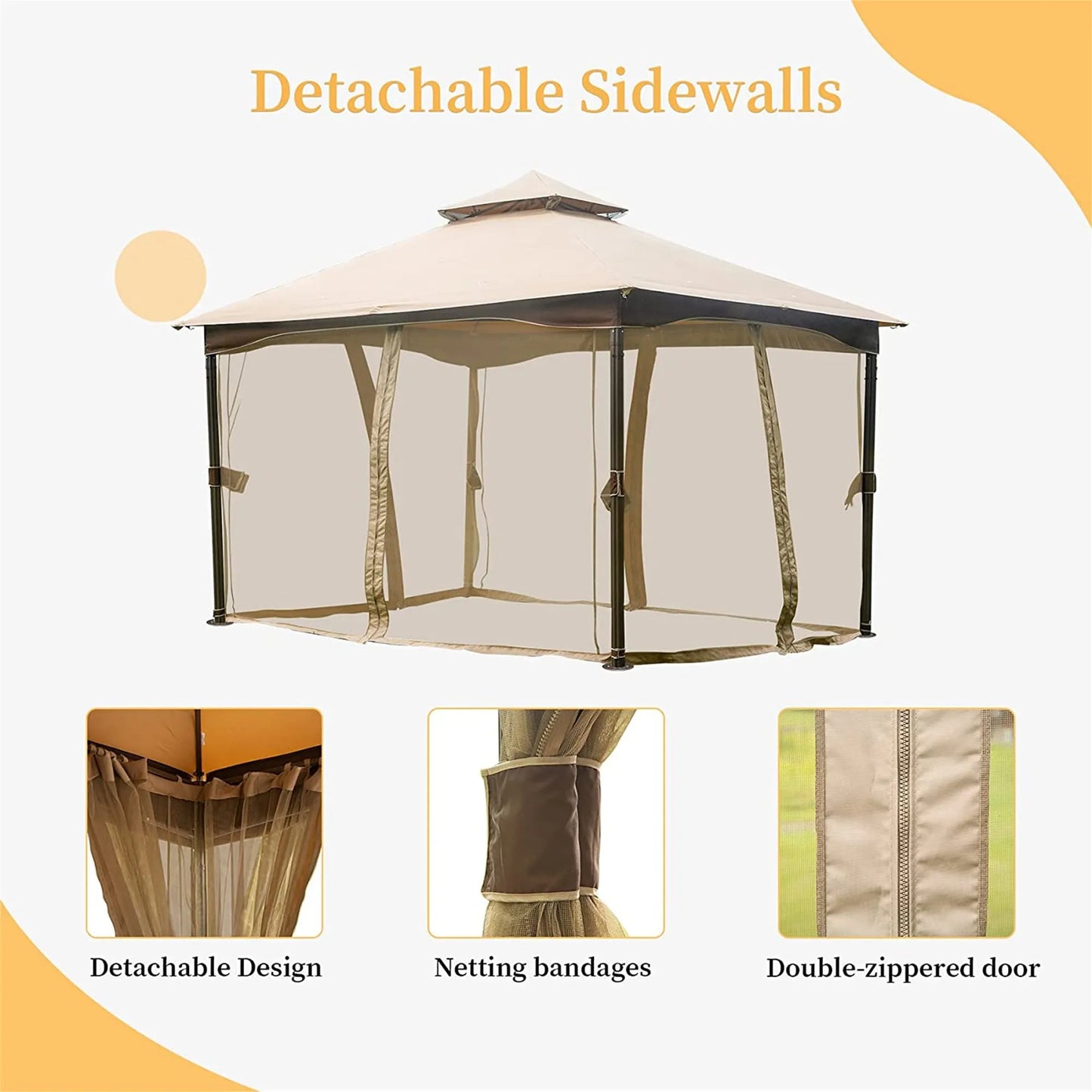10'x13' Gazebo, Outdoor Gazebo with Mosquito Netting, Metal Frame Double Roof Soft Top Patio Gazebo Canopy Tent for Deck Backyard Garden Lawns (Khaki) – view 4