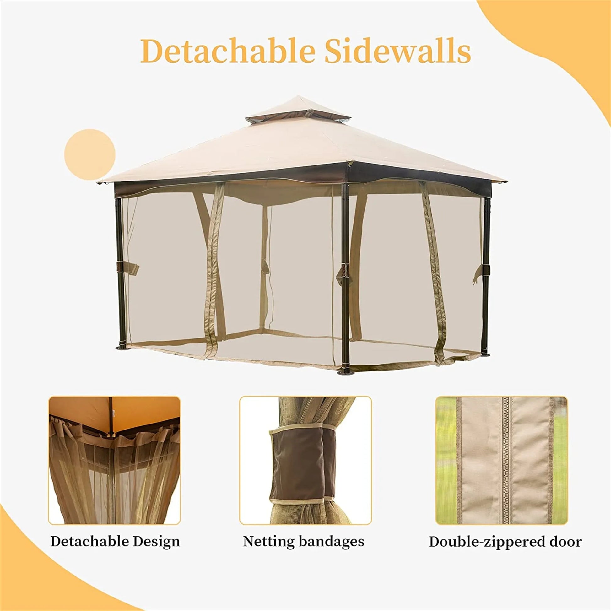 10'x13' Gazebo, Outdoor Gazebo with Mosquito Netting, Metal Frame Double Roof Soft Top Patio Gazebo Canopy Tent for Deck Backyard Garden Lawns (Khaki) – view 4