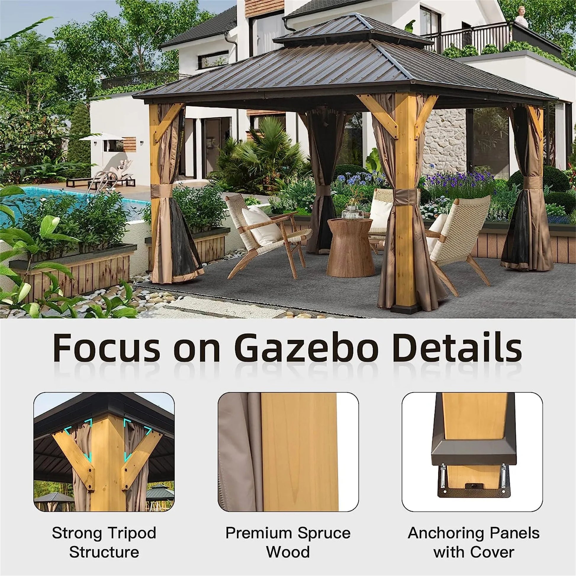 12'x12' Hardtop Gazebo, Outdoor Cedar Wood Frame Canopy with Galvanized Steel Double Roof, Outdoor Permanent Metal Pavilion with Curtains and Netting – view 4