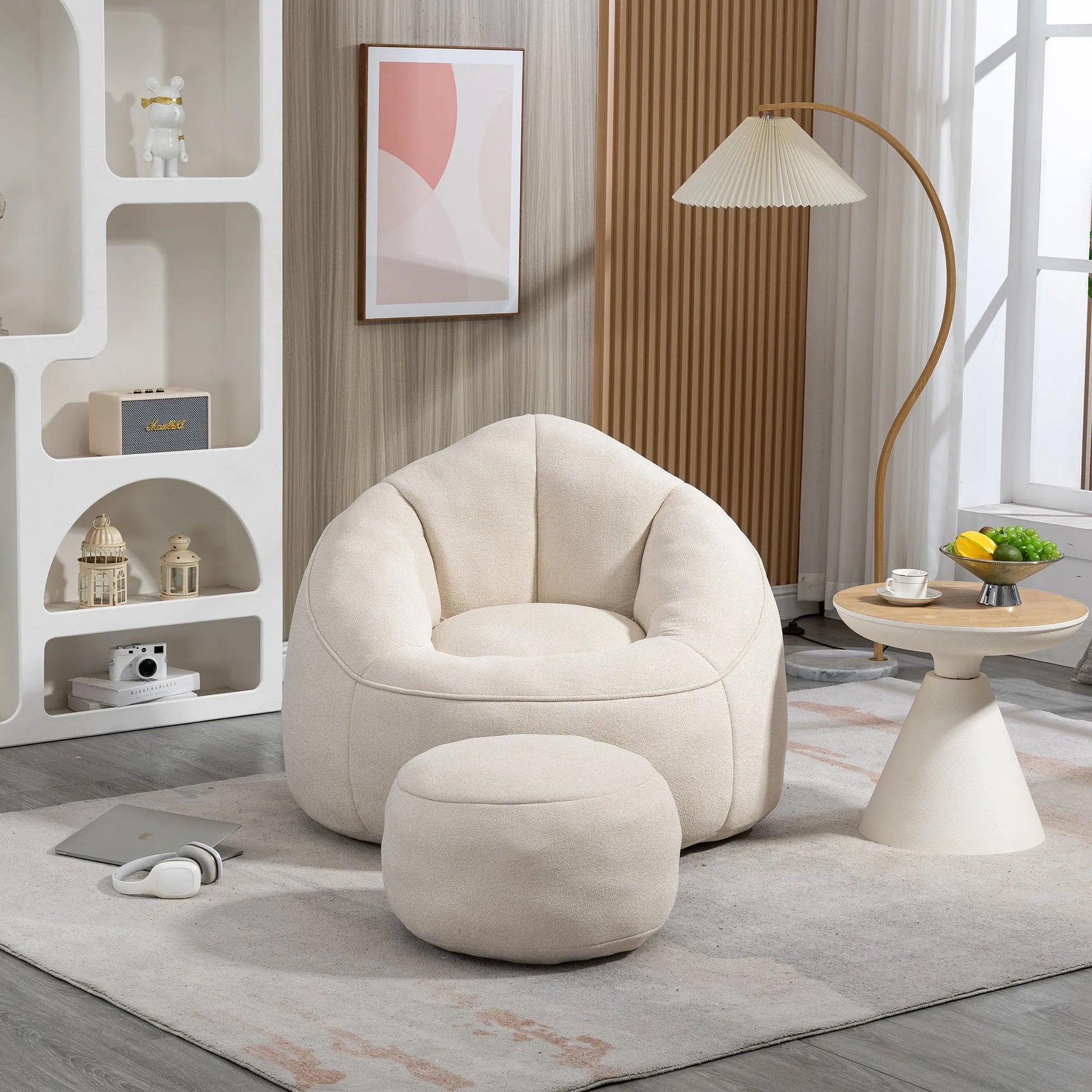 Bedding Bean Bag Sofa Chair with High-Pressure Foam and Footrest, Beige Microfiber – view 4