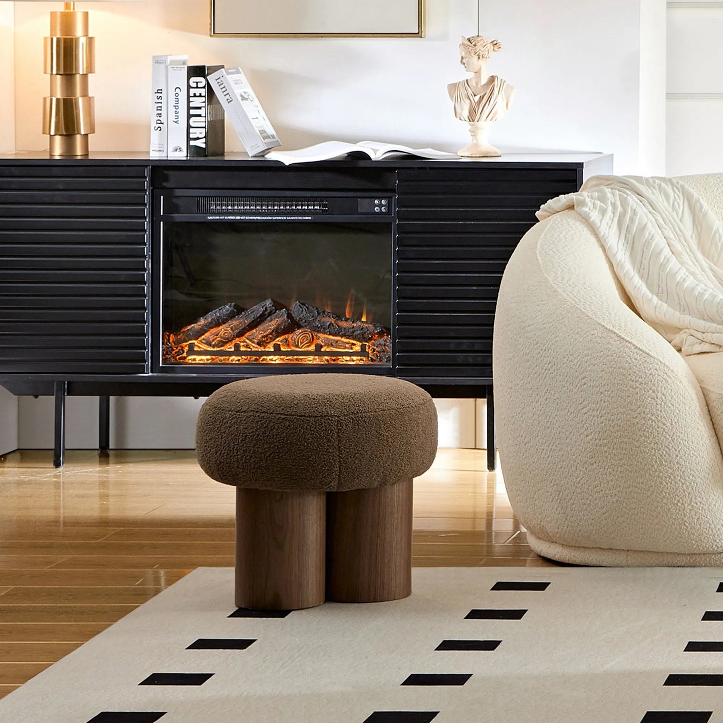 Mushroom Stool with Brown Lamb Wool Seat and Walnut Veneer Barrel PVC Pipe – view 4