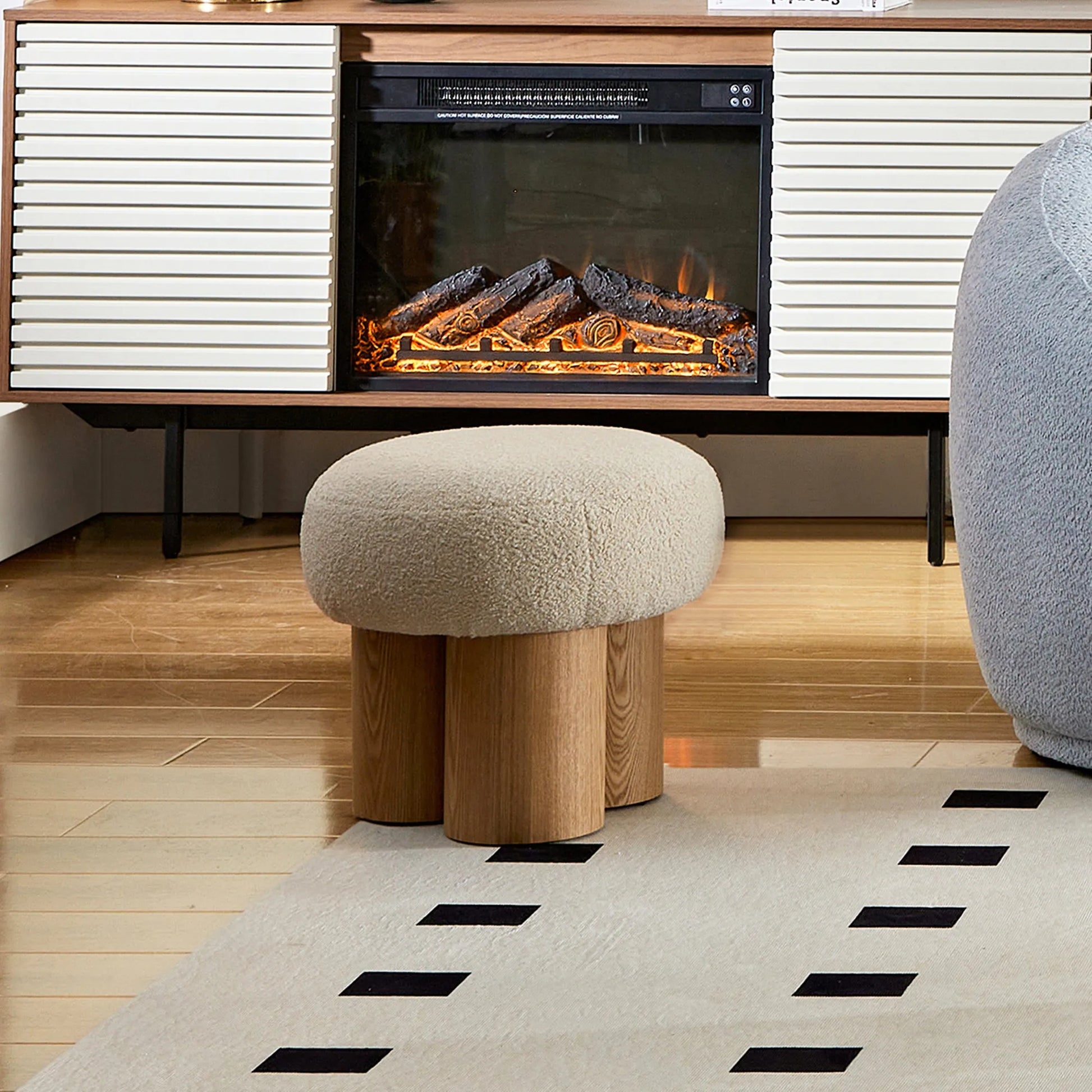 Mushroom Stool with Greige Plush Cushion, Wooden Barrel PVC Pipe, Walnut Finish – view 4