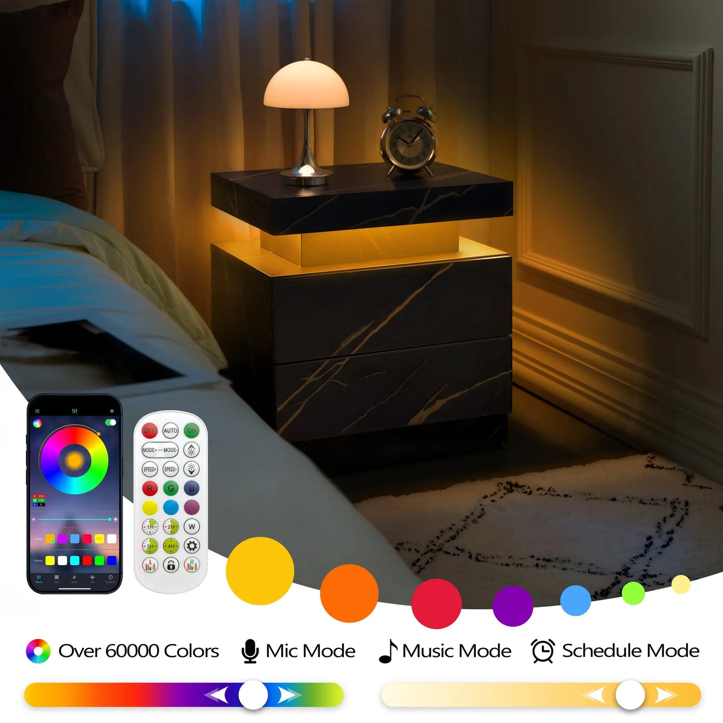 Nightstand LED Bedside Table Cabinet Lights Modern End Side with 2 Drawers for Bedroom (Black Gold) – view 4