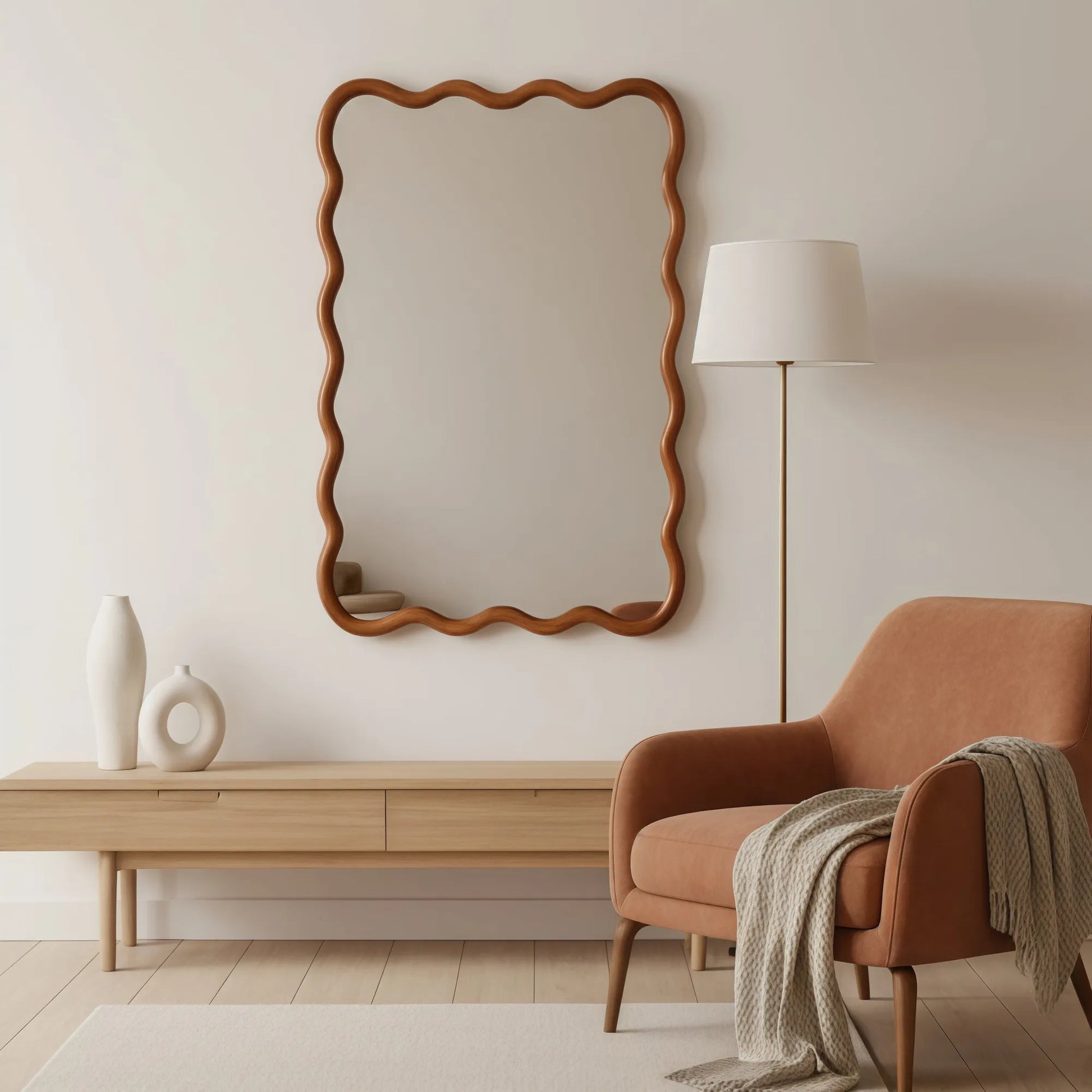 Yellowish Brown 24'x36' Wavy Rectangle Solid Wood Frame Decorative Mirror,For Bedroom, Bathroom, Living Room, Entryway – view 4