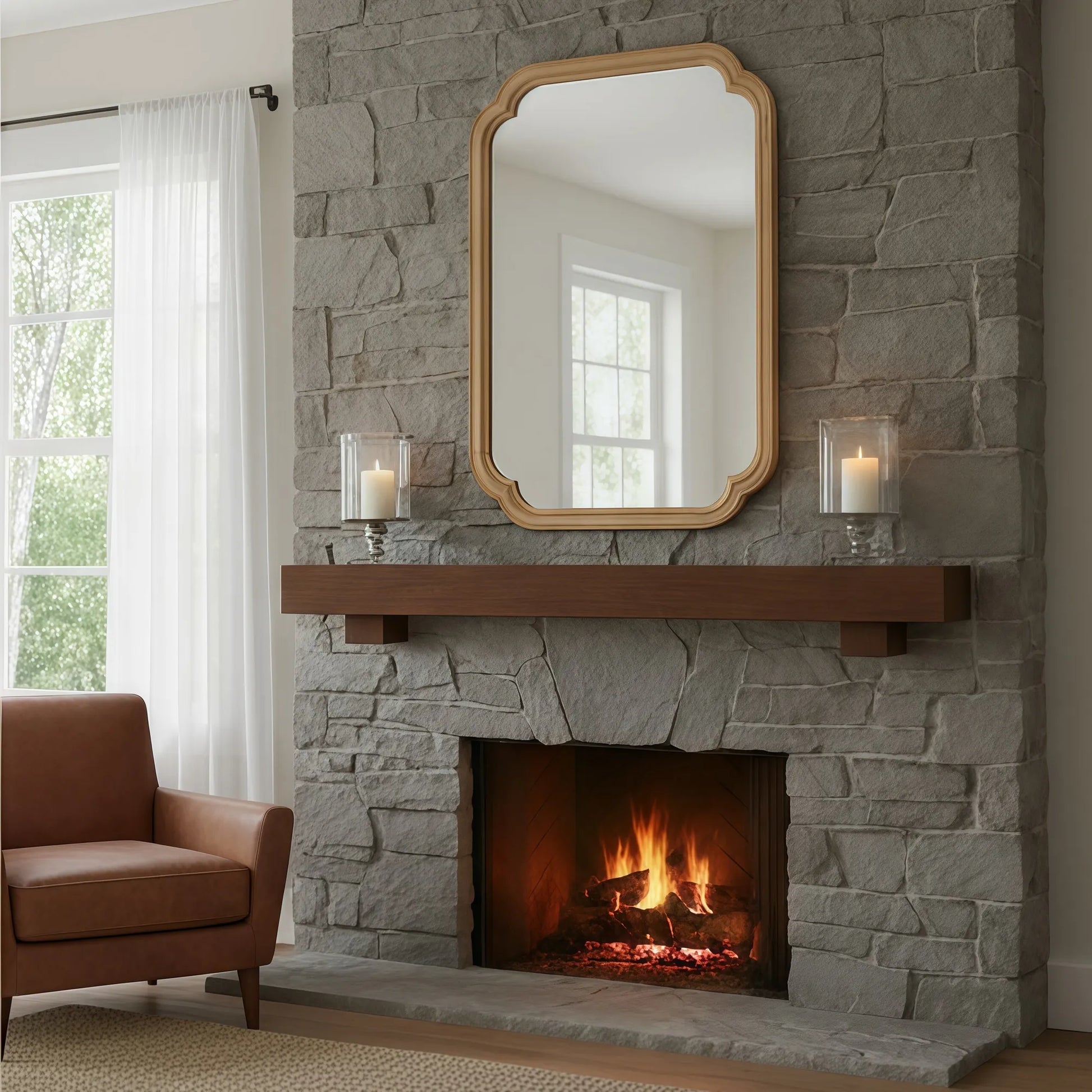 Natural Wood Color 20' x 30' Solid Wood Frame Rounded Corner Decorative Mirror, For Bedroom, Bathroom, Living Room, Entryway – view 4