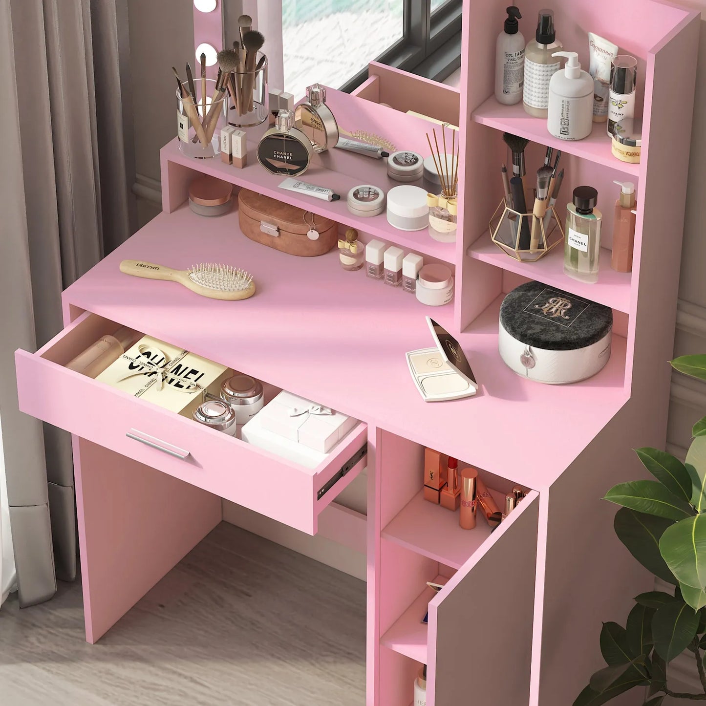 Vanity Desk with Mirror & Light, Large Drawer Three Level Storage Dresser, 3 Lighting Modes Adjustable Brightness, Bedroom Dressing Table(Pink) – view 4
