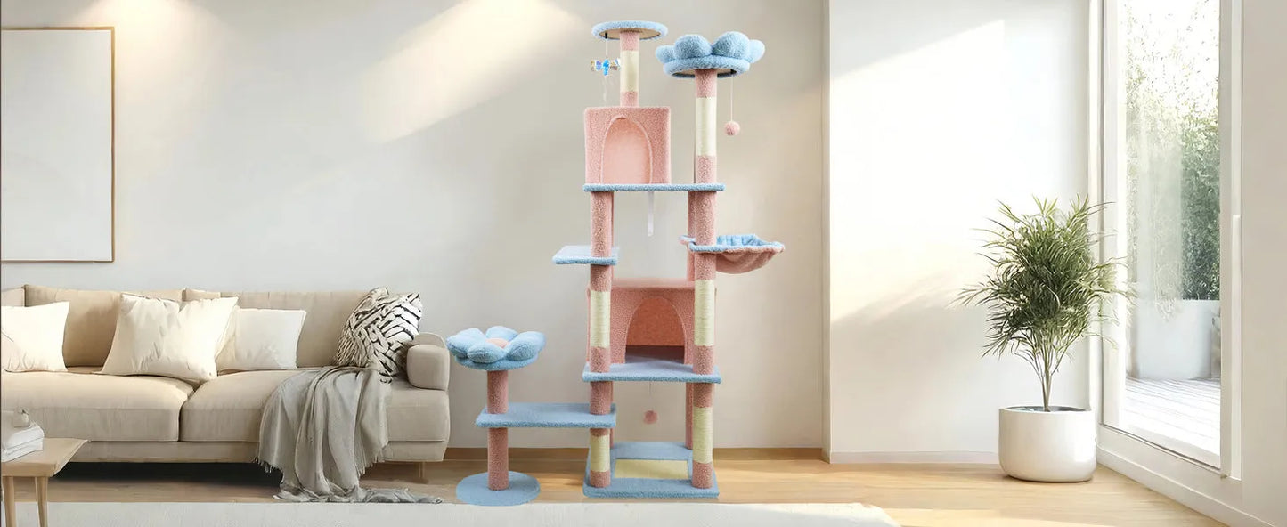 71 inch flower cat tree with large condo removable flower cushion and hammock blue – view 4