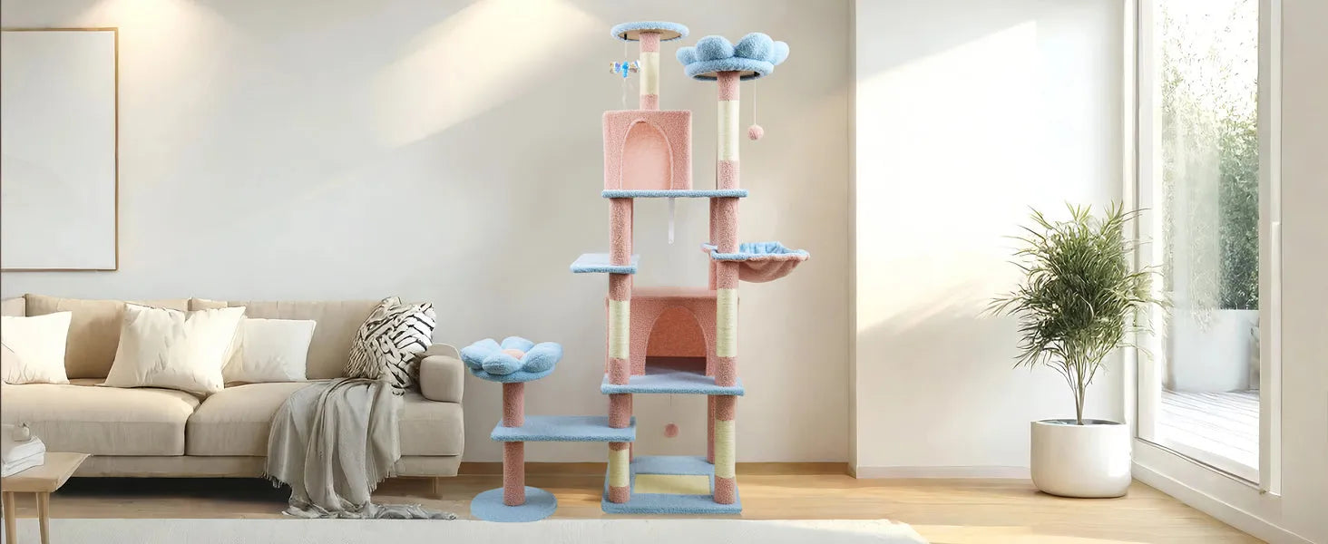 71 inch flower cat tree with large condo removable flower cushion and hammock blue – view 4