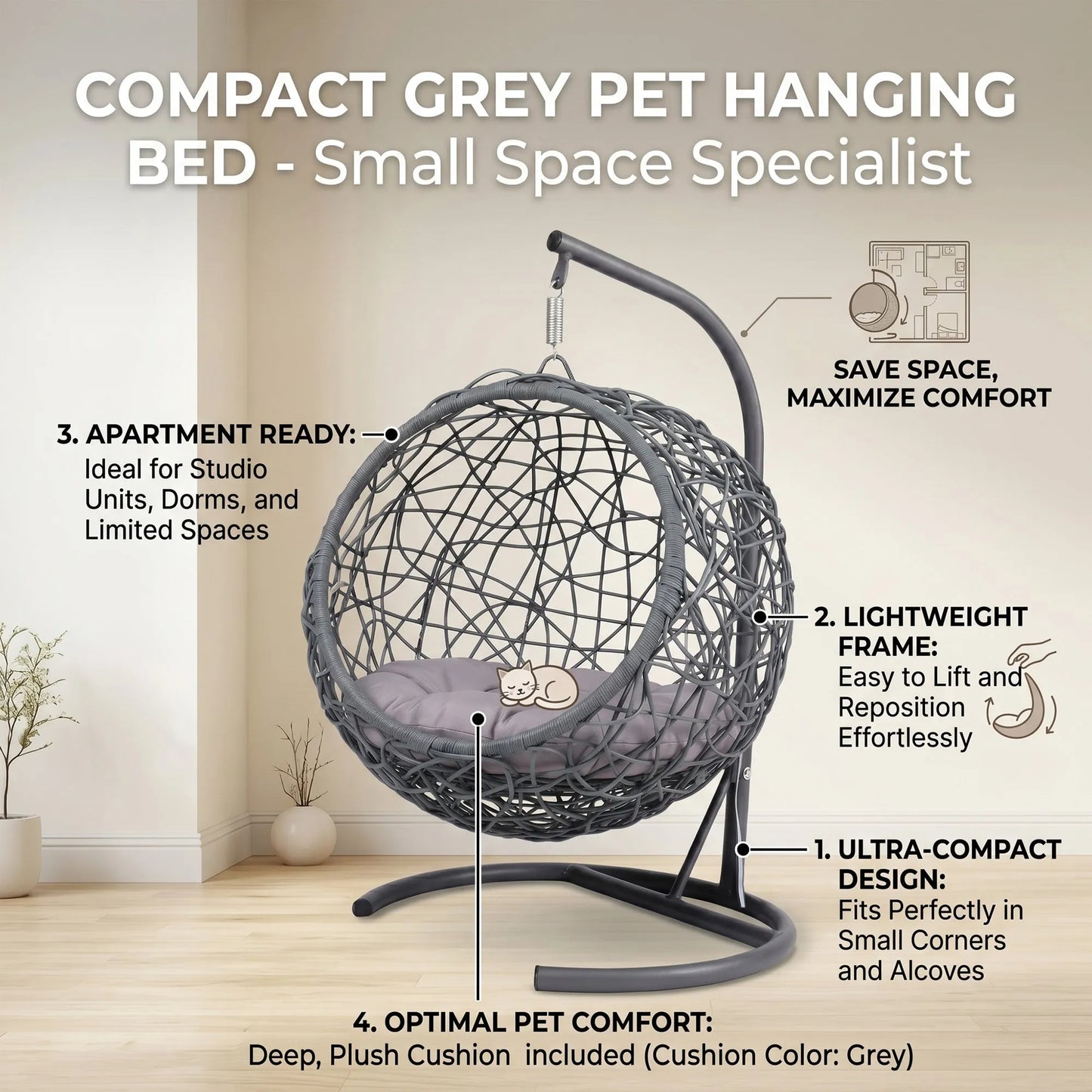 Cat Swing Bed with Stand & Cushion, Cat Egg Chair with Rattan Wicker Appearance, Indoor Hanging Swinging Cat Bed for Cats, Small Dogs, and Small – view 4