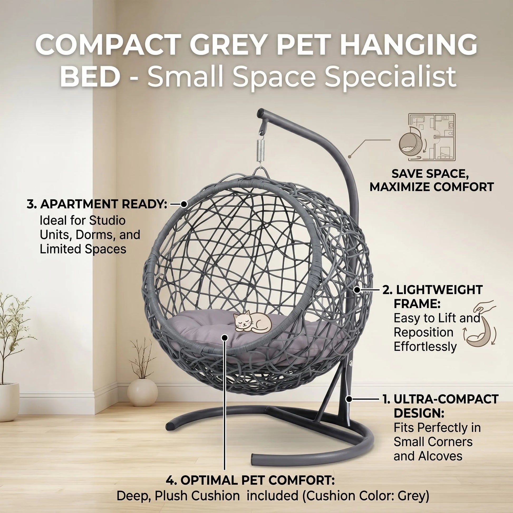 Cat Swing Bed with Stand & Cushion, Cat Egg Chair with Rattan Wicker Appearance, Indoor Hanging Swinging Cat Bed for Cats, Small Dogs, and Small – view 4