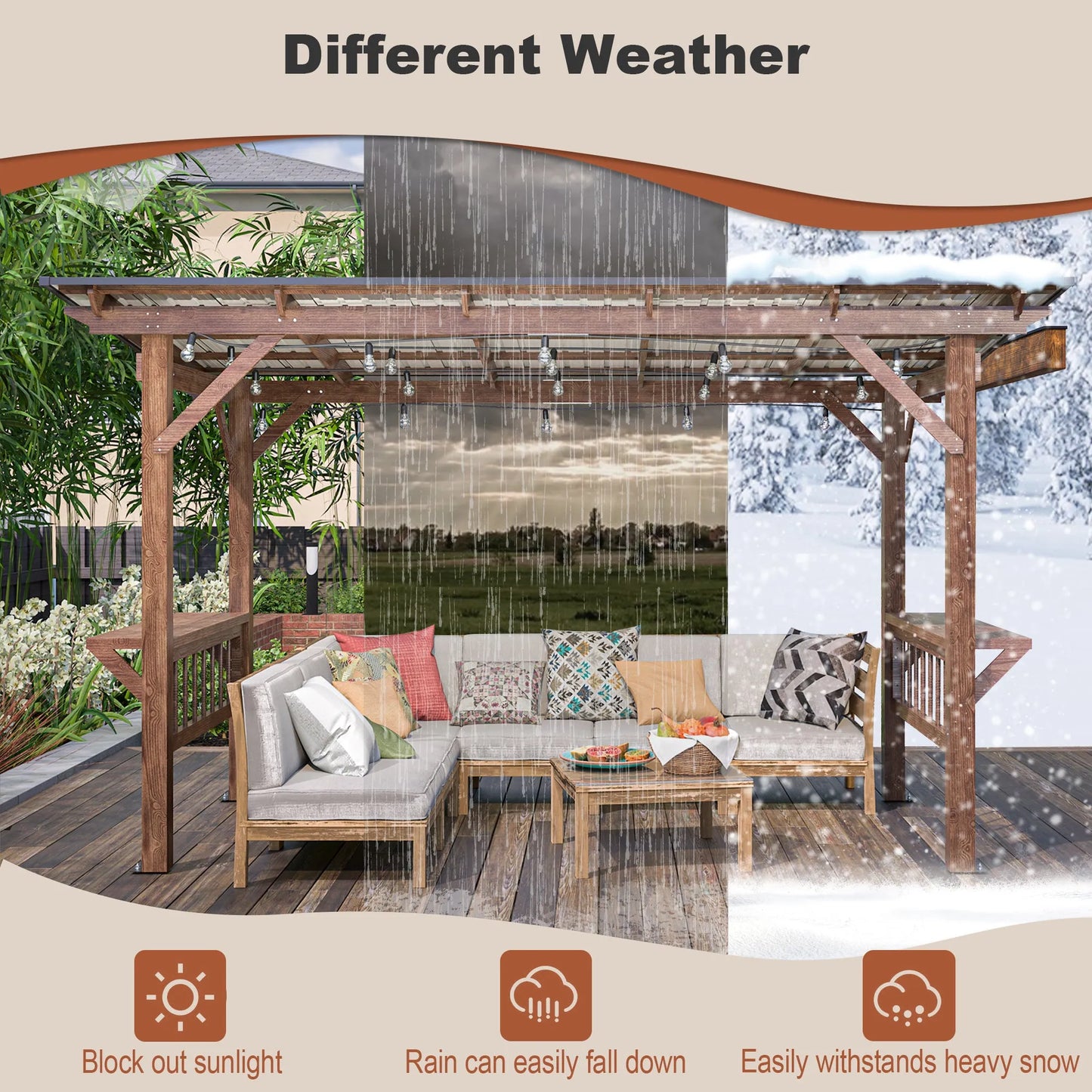 13' x 6.5' Wooden Pergola Grill Gazebo with Metal Roof & Bulbs & Bar Counters – view 4