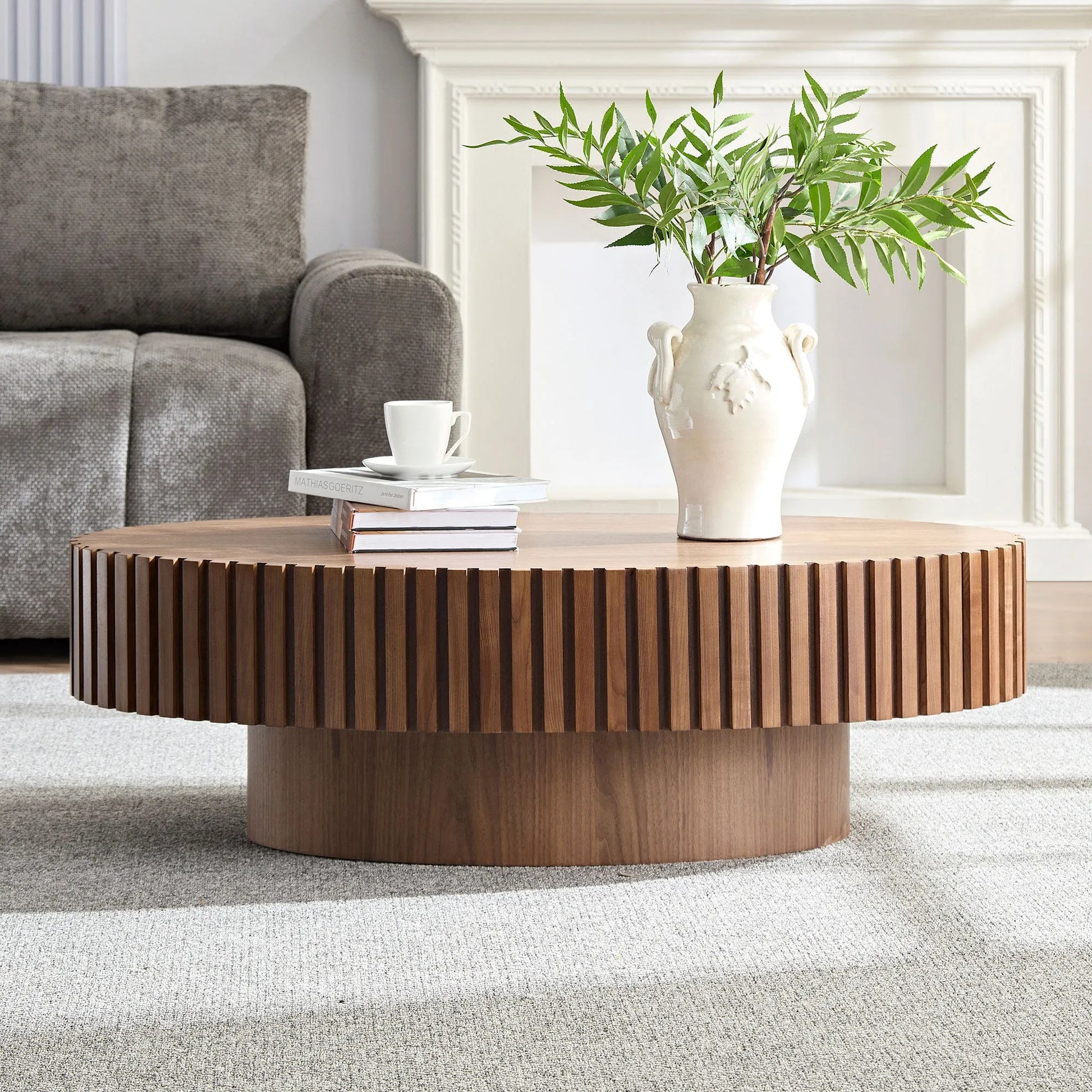 Modern Handcraft Drum Coffee Table Length 43.7 inch Ellipse Coffee Table for Living Room,Oval Small Coffee Table with Sturdy Pedestal,Walnut – view 4