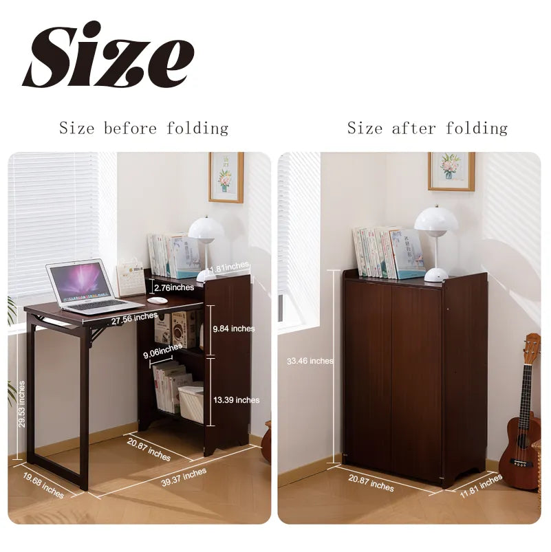 Bamboo Folding Desk, Foldable Desk for Small Space, Computer Desk with Hidden Storage, Mid Century Foldable Table for Home Office and Bedroom (Walnut – view 4