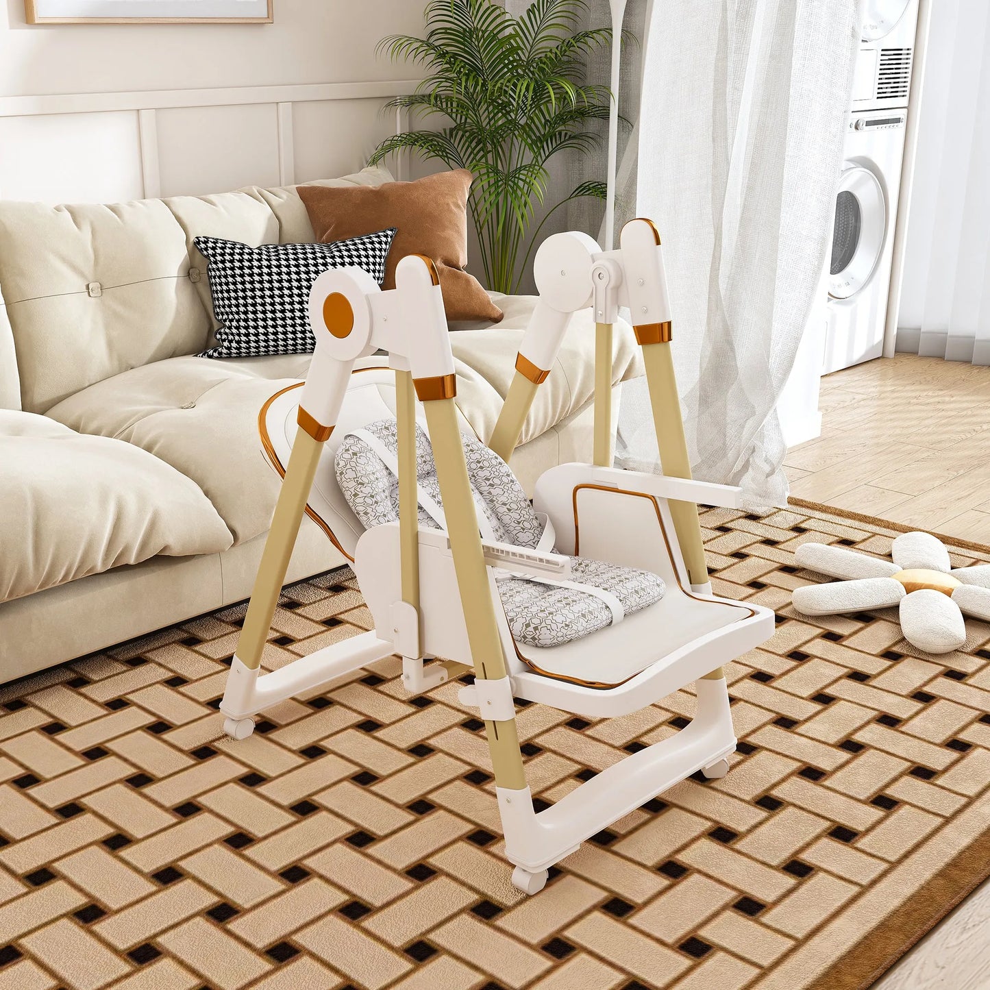 Convertible Baby High Chair to Rocker with 5-Point Harness, Foldable Infant Feeding Chair in White with Removable 2-Tier Easy-Clean Tray for 6M-3Yrs – view 4