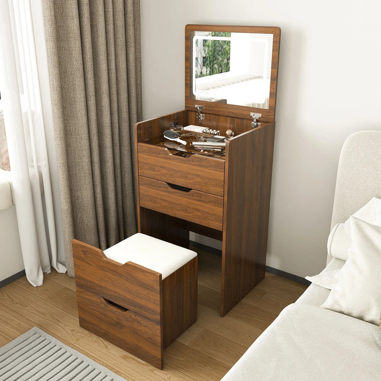 3-in-1 Vanity Desk with Lighted Mirror & Stool, Flip Top Makeup Dressing Table in Walnut Finish, Compact Storage for Bedroom, Bathroom, or Dressing – view 4