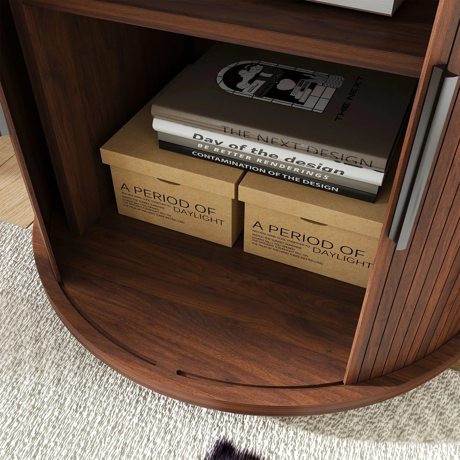 Mid Century Modern Cylinder End Table with Built-in Charging Station & Sliding Door, 2-Tier Storage Round Nightstand with USB Ports, Walnut Bedside – view 4