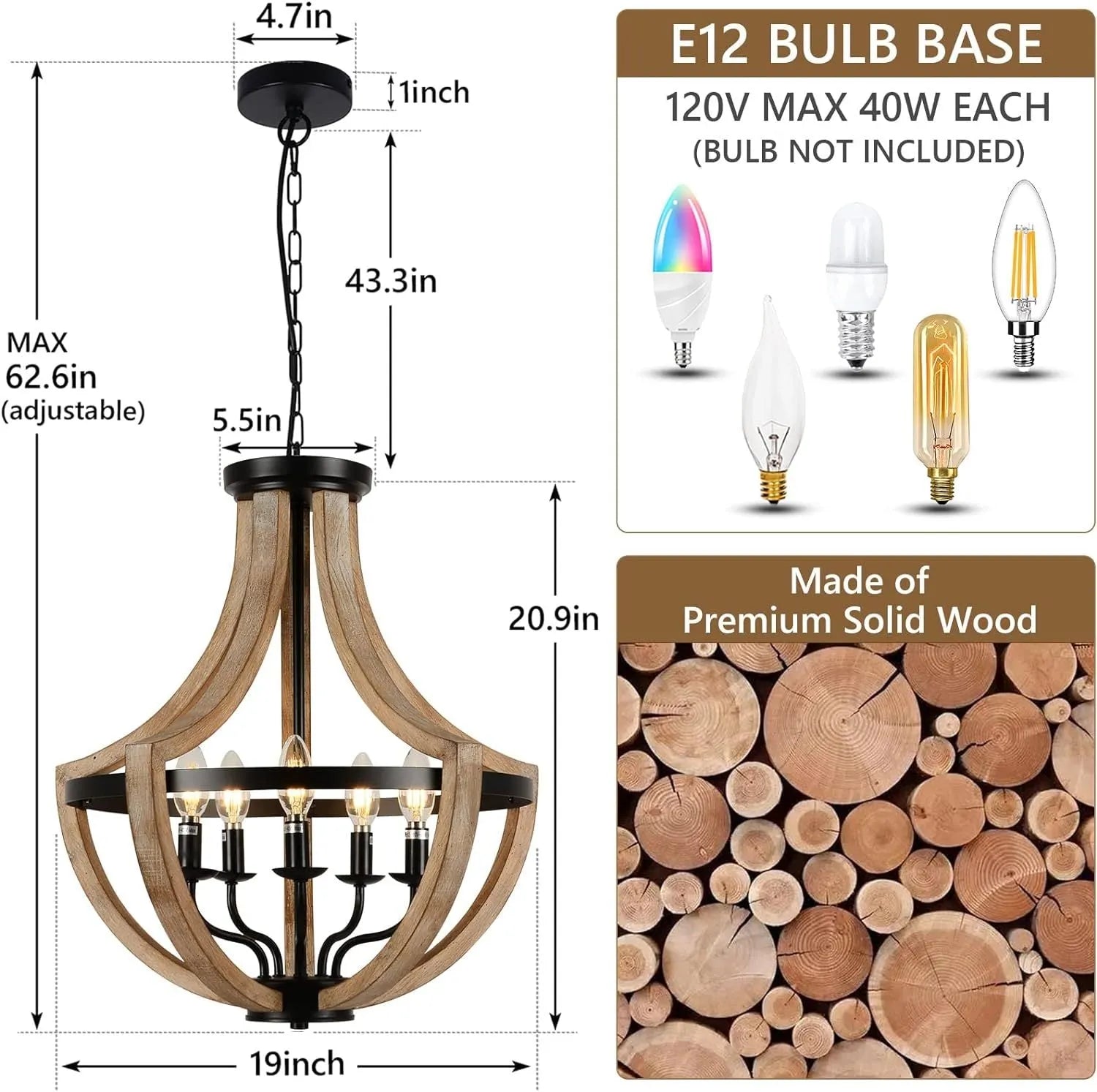 19' Farmhouse Chandelier Light Fixtures, 5-Light Dining Room Light Fixtures Over Table, Solid Wood Modern Chandeliers for Dining Room Living Room – view 4