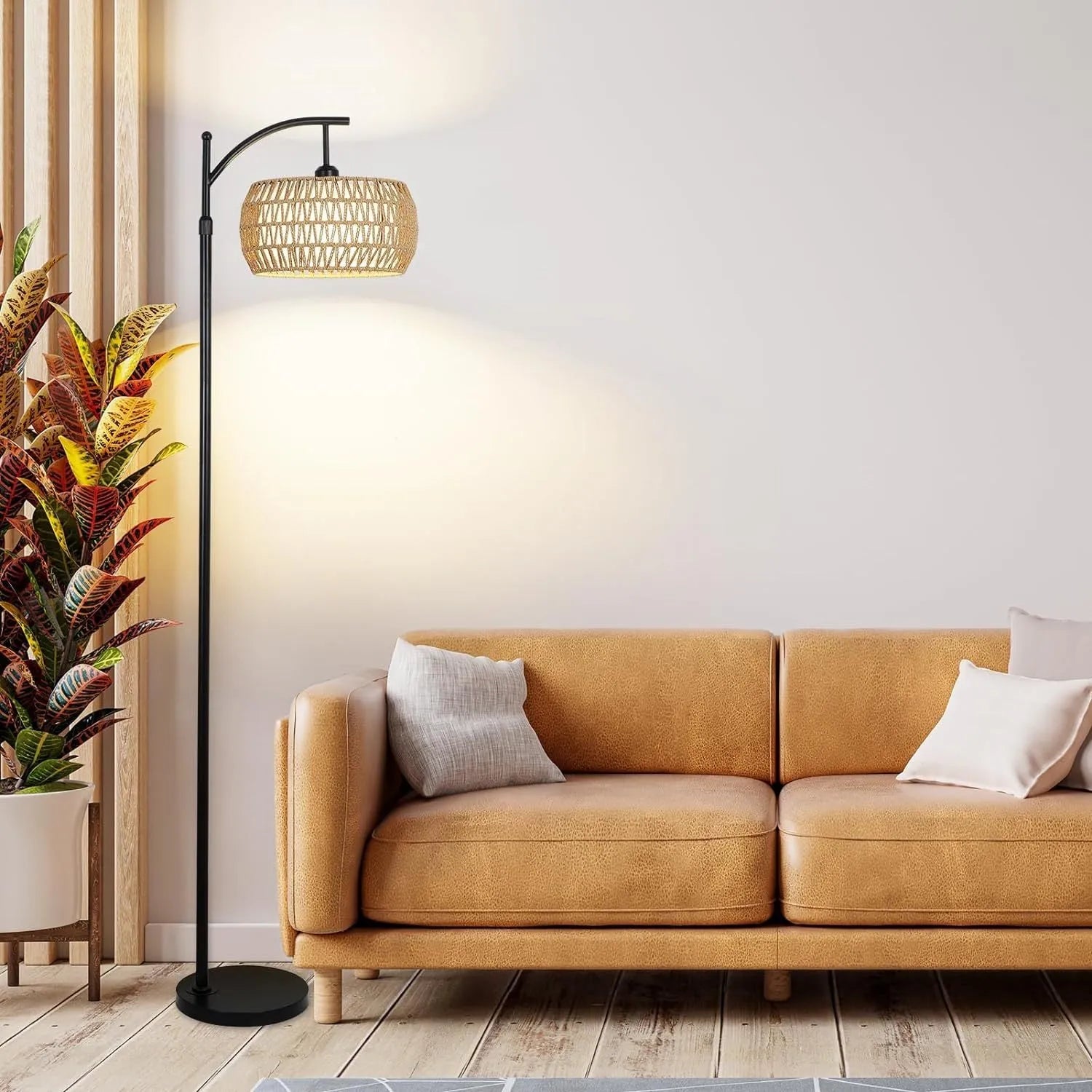 Arc Floor Lamp with Remote Control, Dimmable LED Floor Lamp with 3 Color Temperature, Black Standing Lamp with Rattan & Fabric Double Drum Shade – view 4