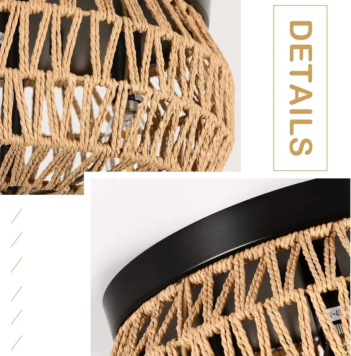 3-Lights Woven Rattan Flush Mount Ceiling Light Fixture with Hand-Worked Cage Shade for Bedroom, Kitchen, Foyer, Porch – view 4