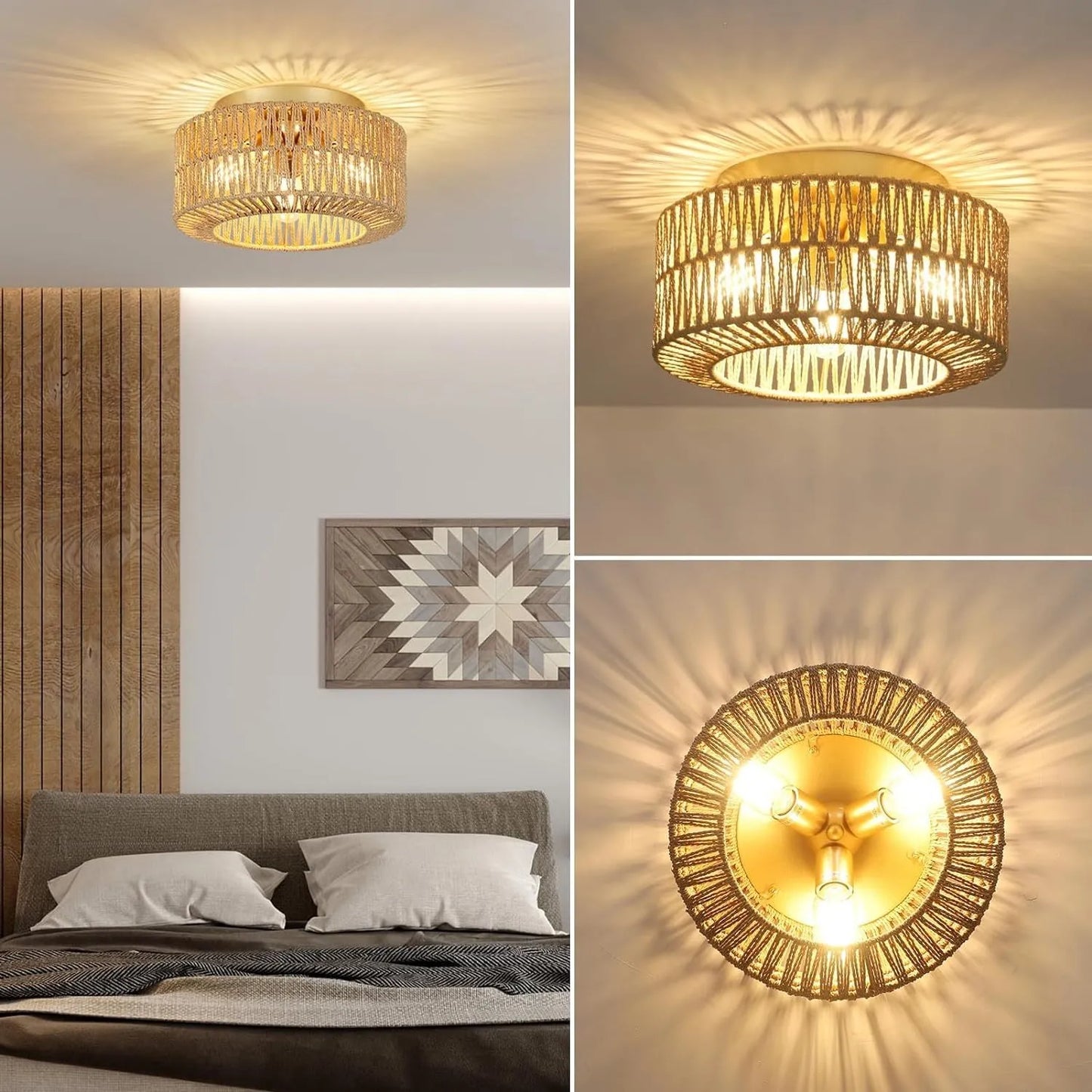 Boho Light Fixtures Ceiling Mount, 3-Light Farmhouse Rattan Ceiling Light Fixture, Flush Mount Ceiling Light with Hand-Woven Shade, Modern Chandelier – view 4