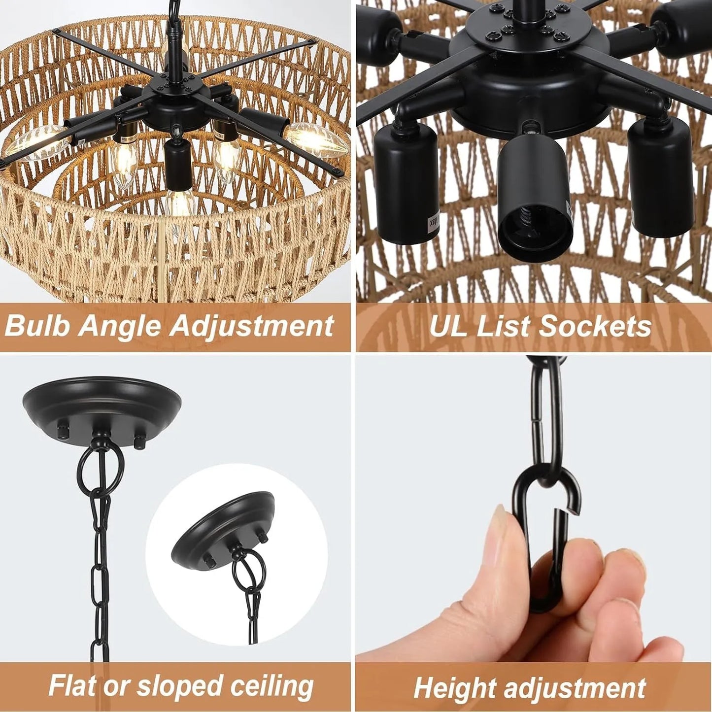 Boho Rattan Chandelier, 6-Light Dining Room Light Fixture, Wicker Pendant Lighting with 4-Tier Woven Lampshade, Large Farmhouse Chandeliers for – view 4
