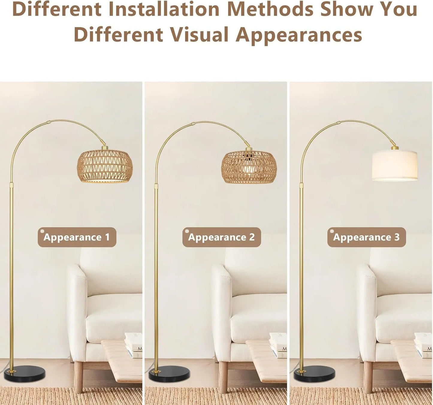 Gold Floor Lamps for Living Room, Arc Floor Lamp with Remote & Dimmable Bulb, Boho Rattan Standing lamp with 3 Color Temperatures, Height Adjustable – view 4