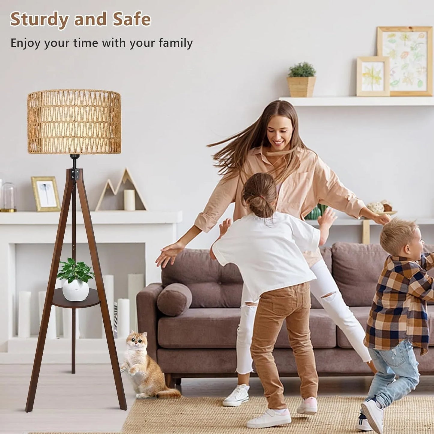 Boho Tripod Floor Lamp with Shelves, Mid Century Wood Standing Lamp with Rattan & Fabric Shades, ON/Off Foot Switch, Modern Farmhouse Tall Floor – view 4