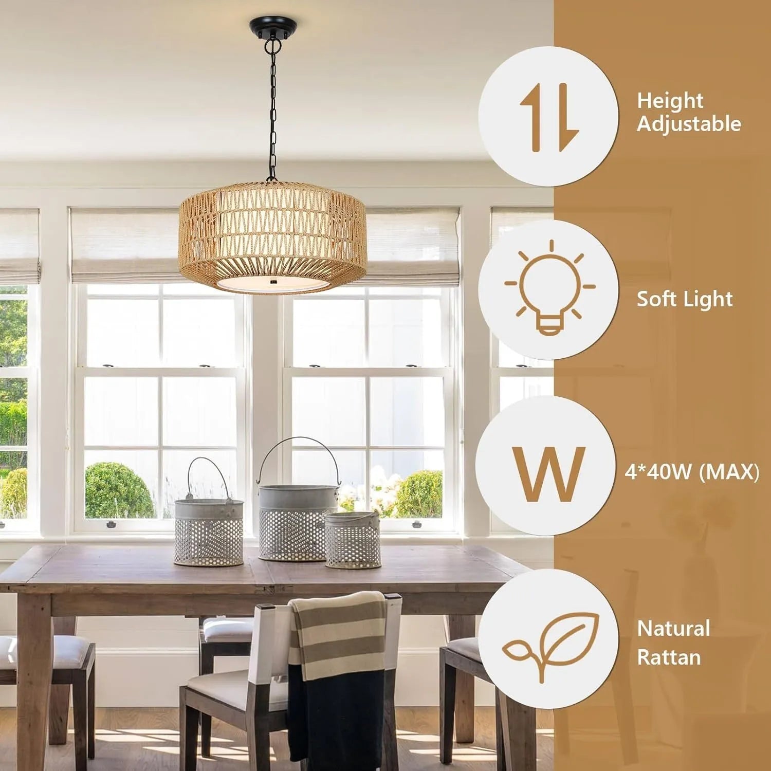 Farmhouse Chandelier Light Fixture,4-Light Rattan Boho Chandeliers for Dining Room with Fabric Shade,Hand Woven Large Rattan Dining Room Light – view 4
