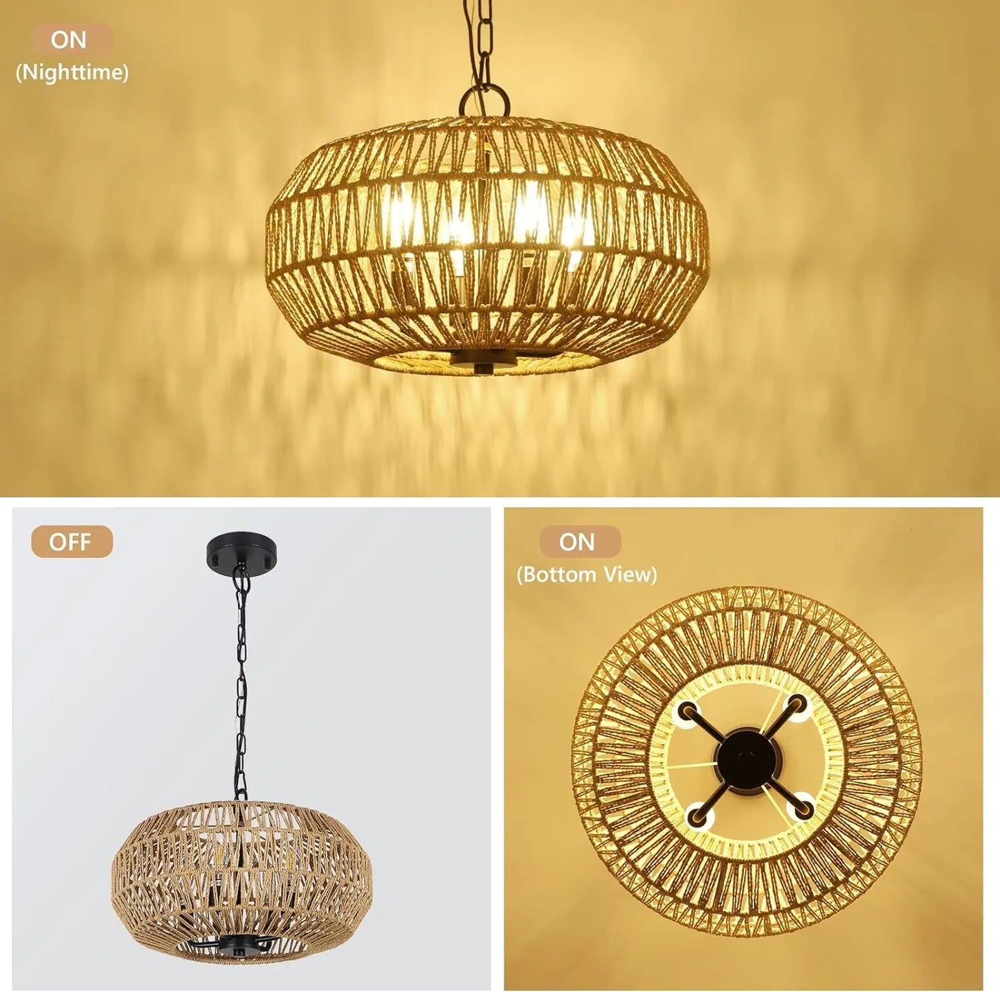 Farmhouse Rattan Pendant Lights, 15.7' 4-Light Boho Chandelier Light Fixture, Wicker Hand Woven Basket Pendant Hanging for Dining Room Living Room – view 4