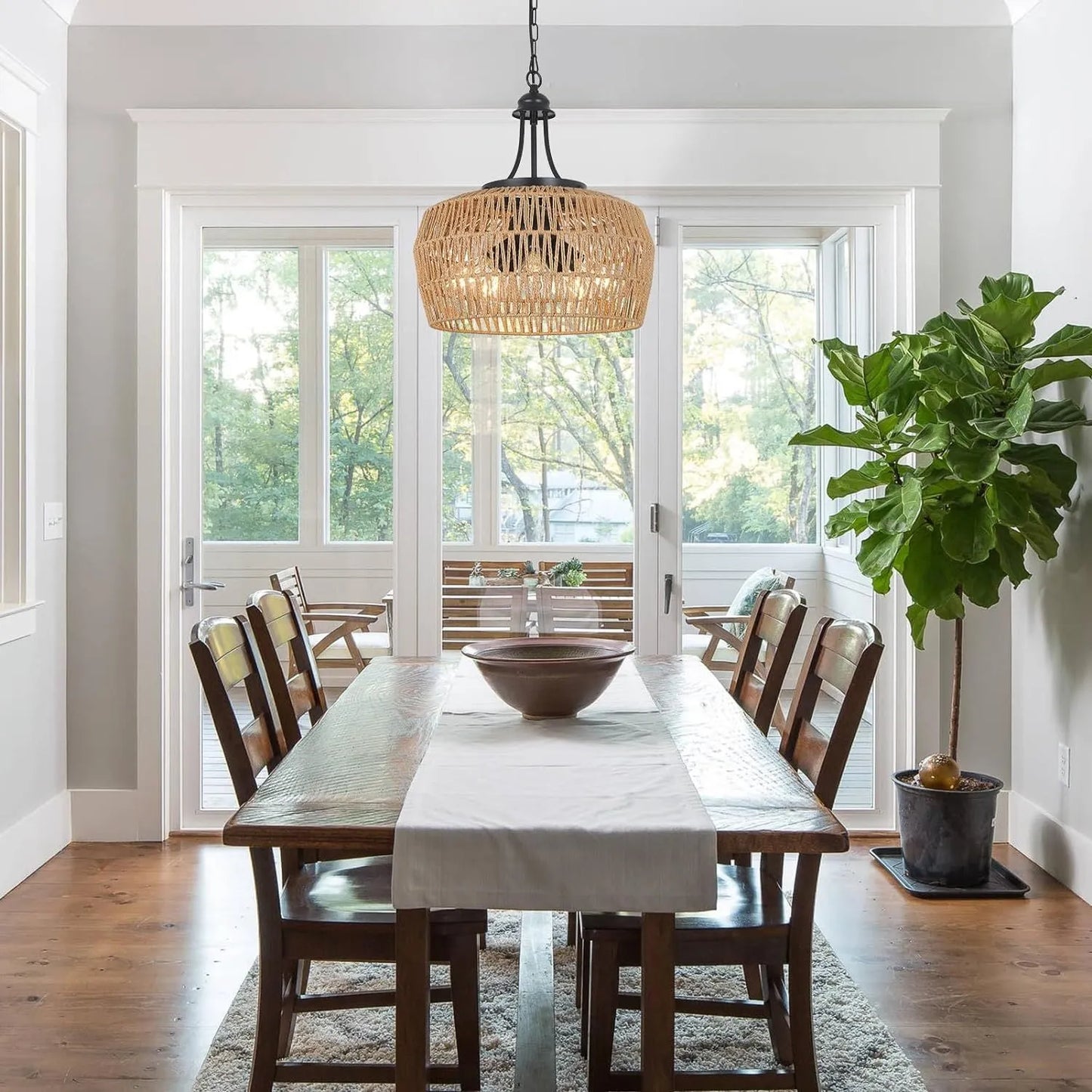 Large Farmhouse Chandeliers for Dining Room, 5-Light Rattan Boho Chandelier Light Fixture with Wicker Lampshade, Coastal Hanging Pendant Lighting for – view 4