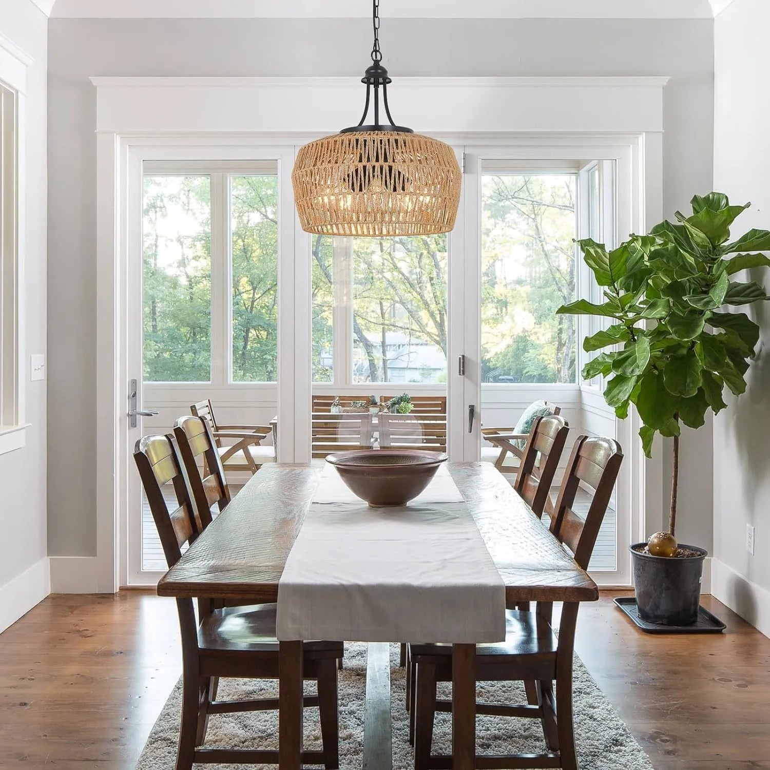 Large Farmhouse Chandeliers for Dining Room, 5-Light Rattan Boho Chandelier Light Fixture with Wicker Lampshade, Coastal Hanging Pendant Lighting for – view 4