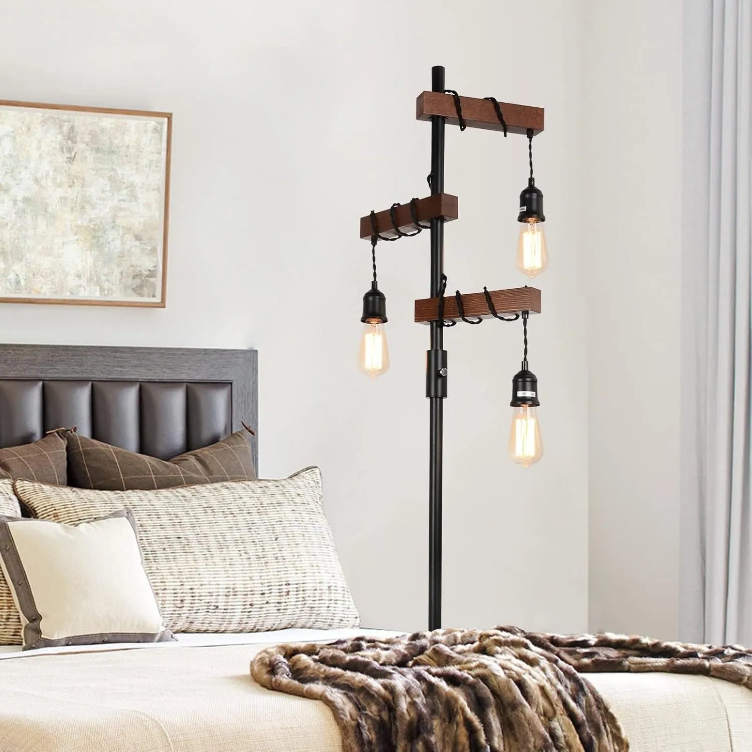 Dimmable Industrial Floor Lamp, Farmhouse Tree Floor Lamp, 68 Inch 3 Lights Wood Standing Lamp, Sturdy Base Tall Vintage Pole Light, Metal Black – view 4