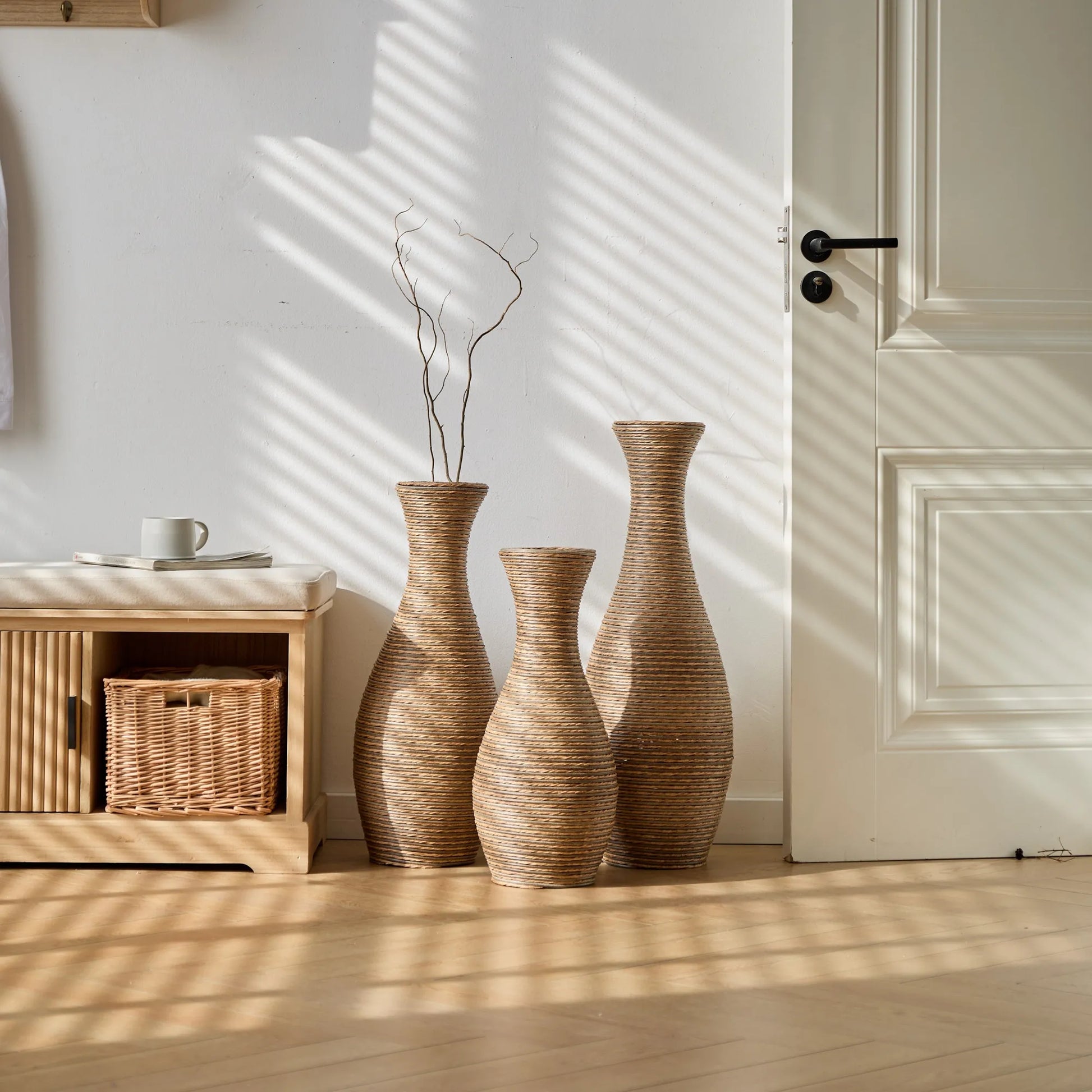 3-Piece Artificial Rattan Floor Vase Set – Decorative Accent for Living Room, Hallway & Entryway, Ideal for Dried or Silk Flower Arrangements, Beige – view 4