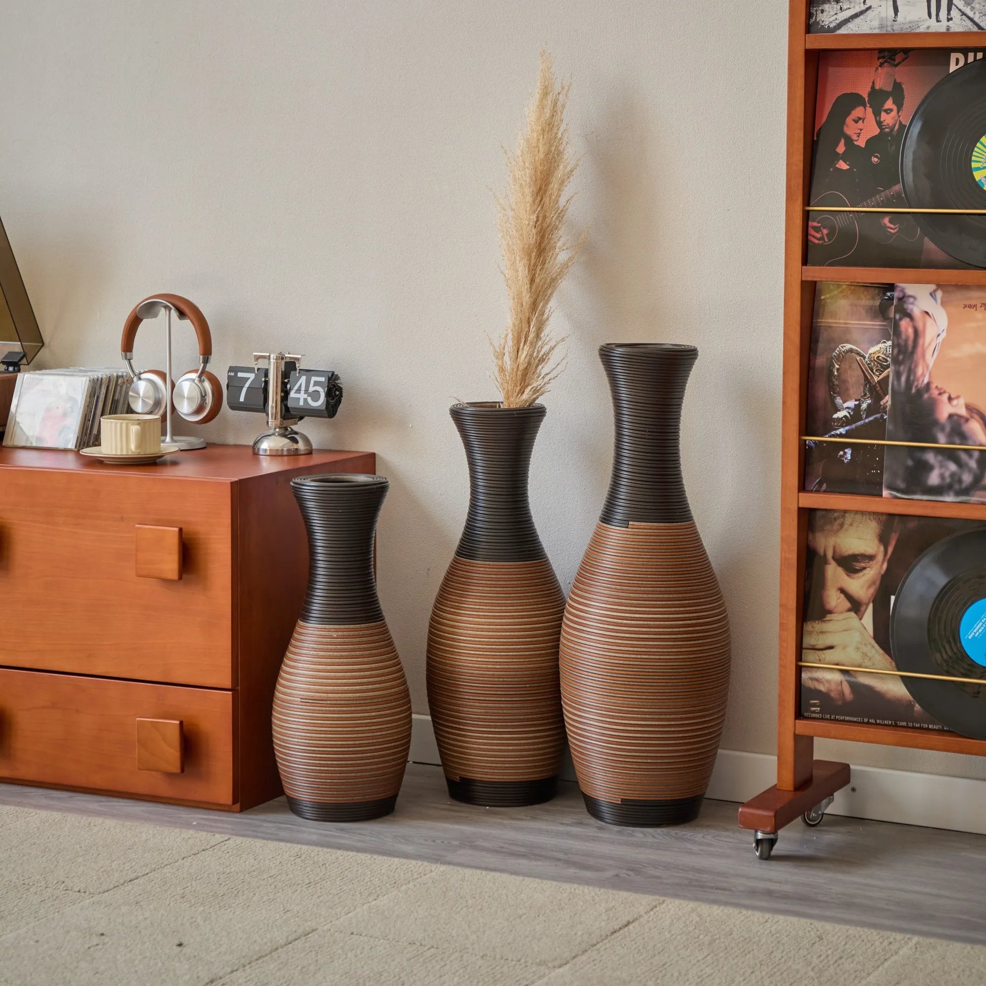Set Of 3 Designer Floor Vases, Large Vases for Home Décor Flooring, Artificial Rattan Floor Vases, Brown Floor Vases for Living Rooms or Corridors – view 4