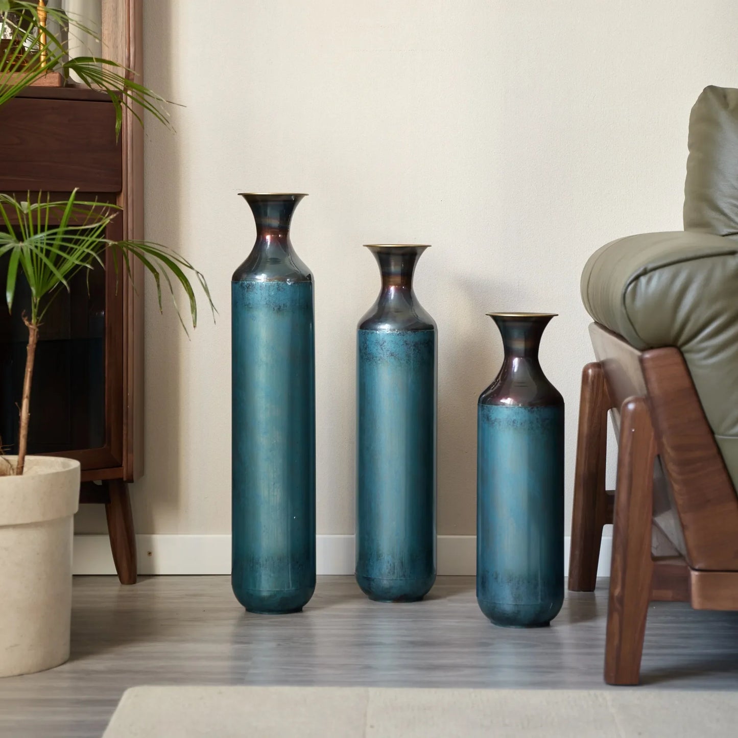Modern Droplet-Shaped Floor Vase Set – Aqua Blue Glazed Metal Decorative Vases – 3-Piece Home Decor in 20.4 In, 24.4 In & 28.34 In Heights – view 4