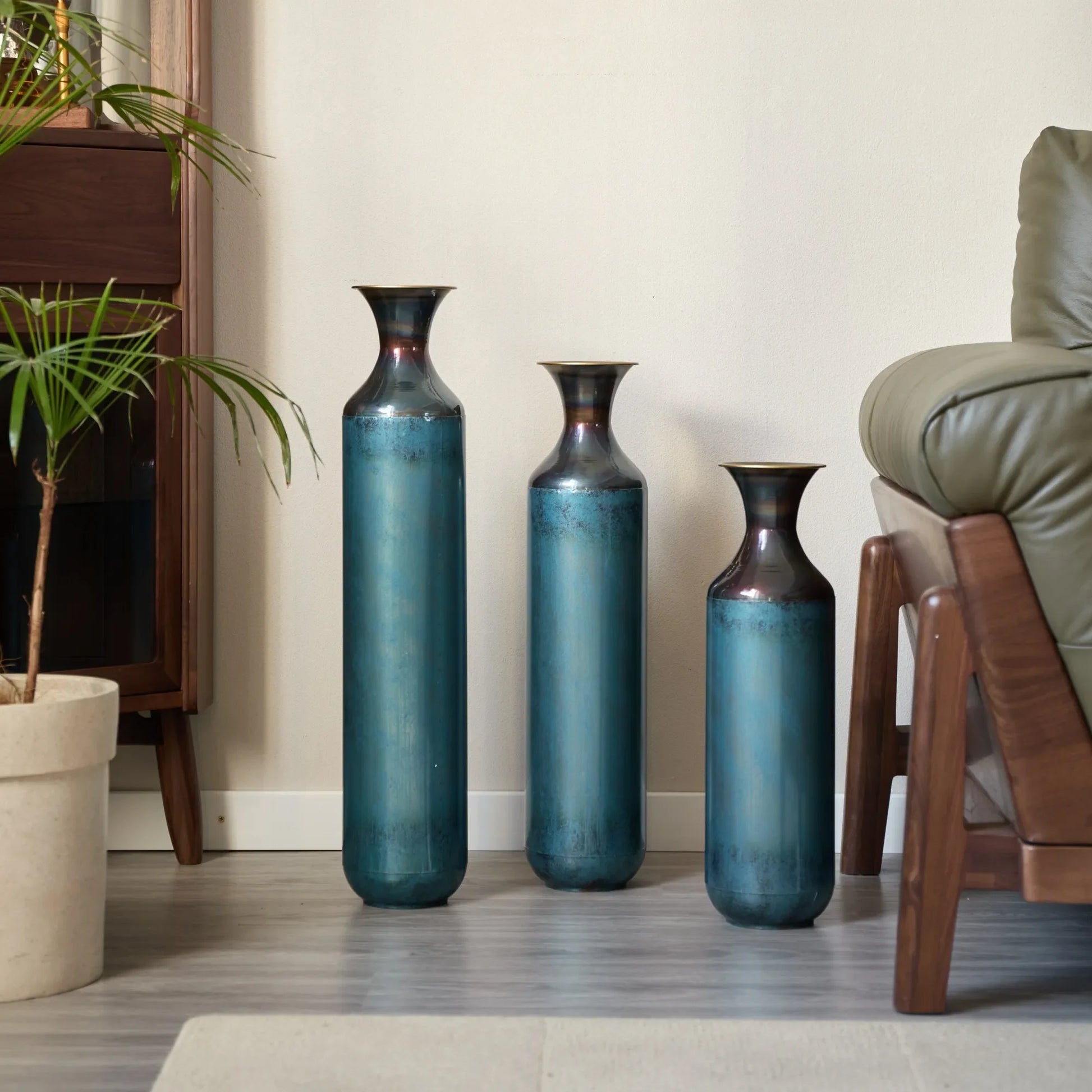 Modern Droplet-Shaped Floor Vase Set – Aqua Blue Glazed Metal Decorative Vases – 3-Piece Home Decor in 20.4 In, 24.4 In & 28.34 In Heights – view 4