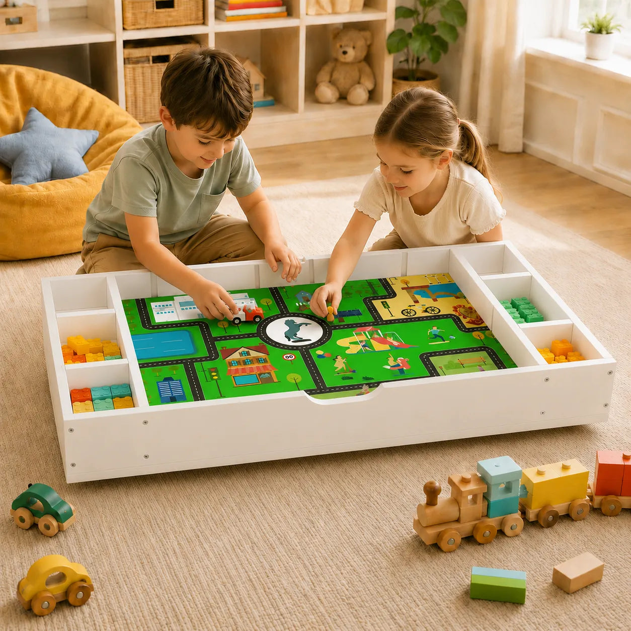 The 3 in 1 Reversible Kids Activity Table and Toy Organizer Compatible with Lego, Building Bricks & Whiteboard Play Table with City Road Map – view 4