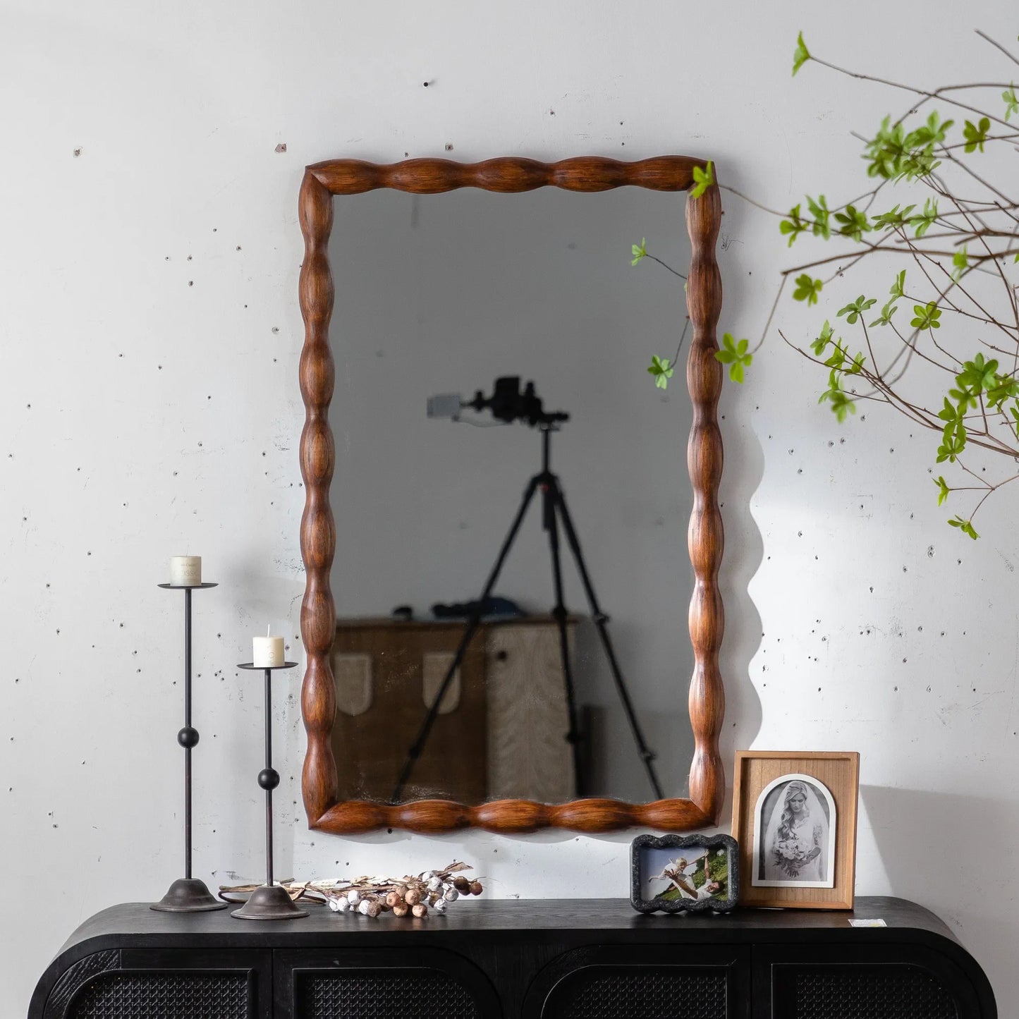 36.02' Mid-Century Modern Swirl Wood Frame Mirror - Solid Wood & MDF Wall-Mounted Full-Length Mirror, Brown Decorative Mirror for Bedroom/Living Room – view 4