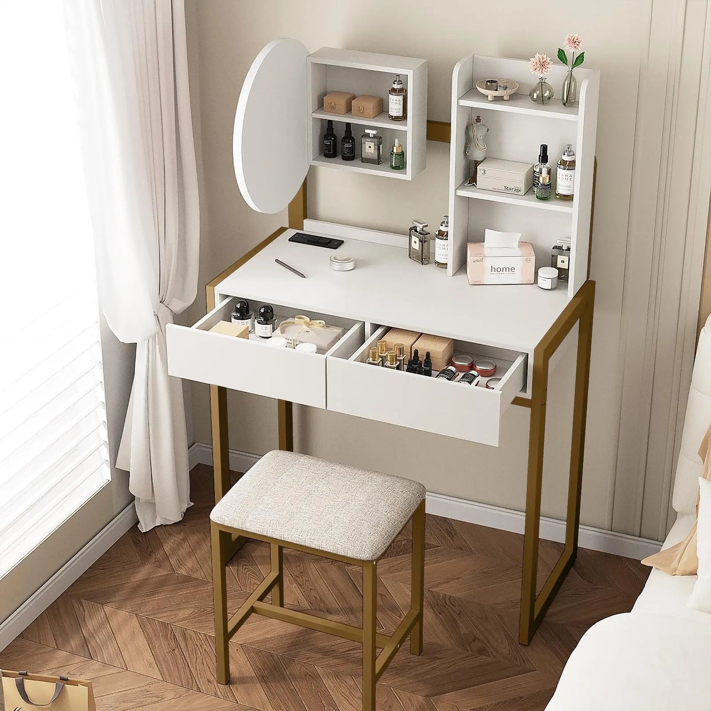 Small Vanity Desk with Mirror and Lights, Makeup Vanity Table with LED Mirror, 3 Lighting Modes, Power Outlet, Drawer, Open Shelves and Cushioned – view 4