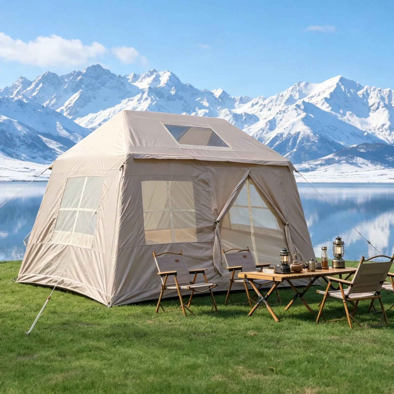 5.72m² Inflatable Camping Tent, Easy Setup 4 Season Windproof Glamping Tent with Mesh Windows & Pump, Outdoor Cotton Tent – view 4