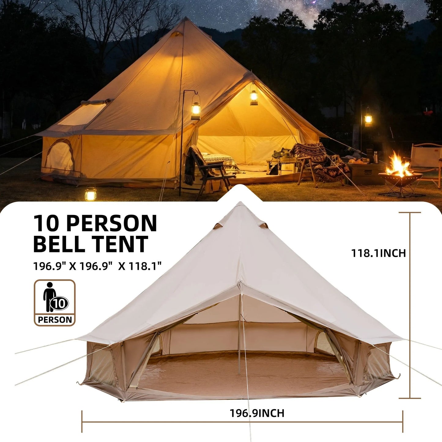 4 Season Bell Tent 16.4FT, Beige Waterproof Glamping Yurt Tent with Stove Jack, Fits 10 People Family Camping Tent for Outdoor Parties & Camping – view 4
