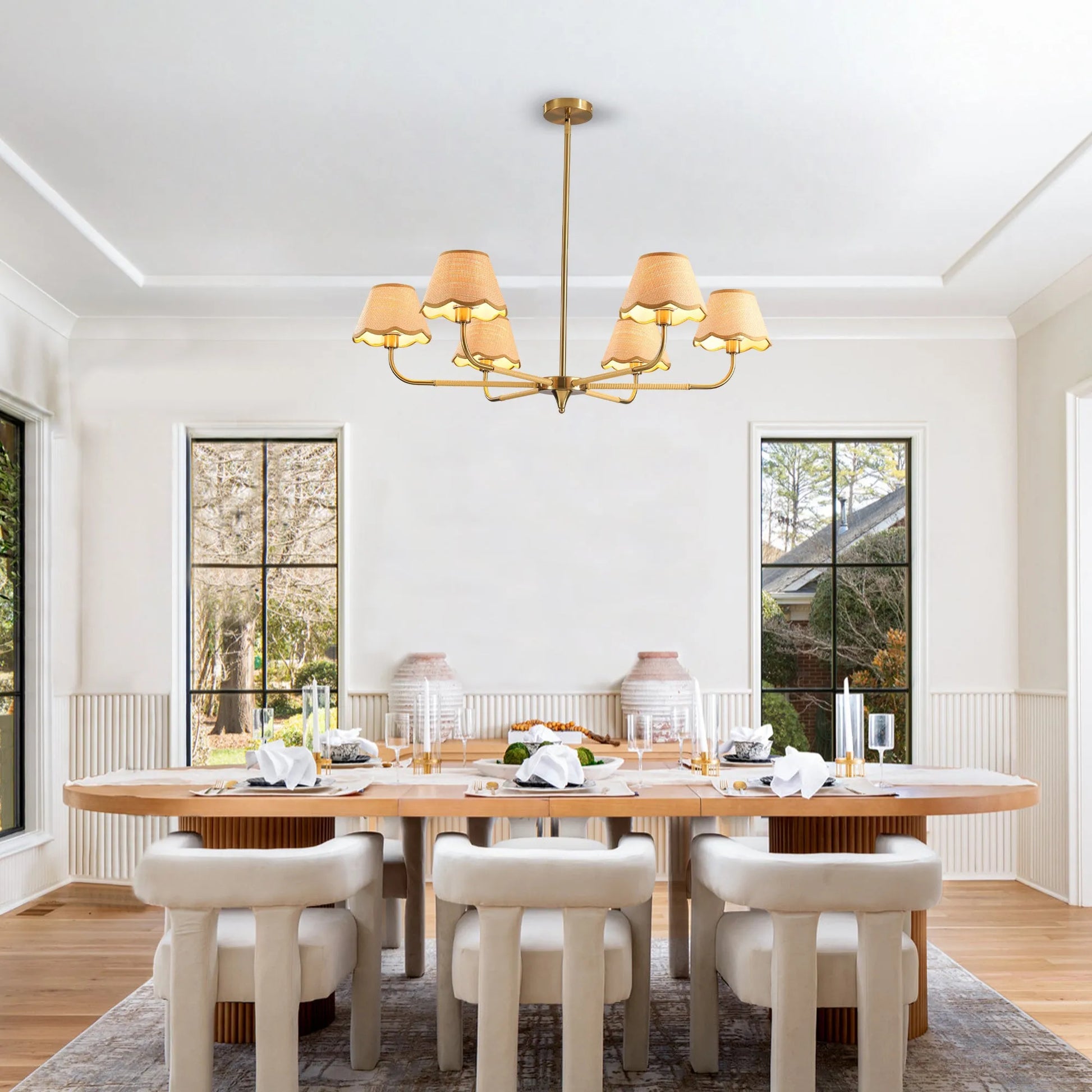 38' Gold 6-lamp Chandelier with Hand-Woven Rattan Lampshade, Mid-Century Hanging Pendant Light Fixture for Dining Room, Living Room, or Kitchen (Bulb – view 4