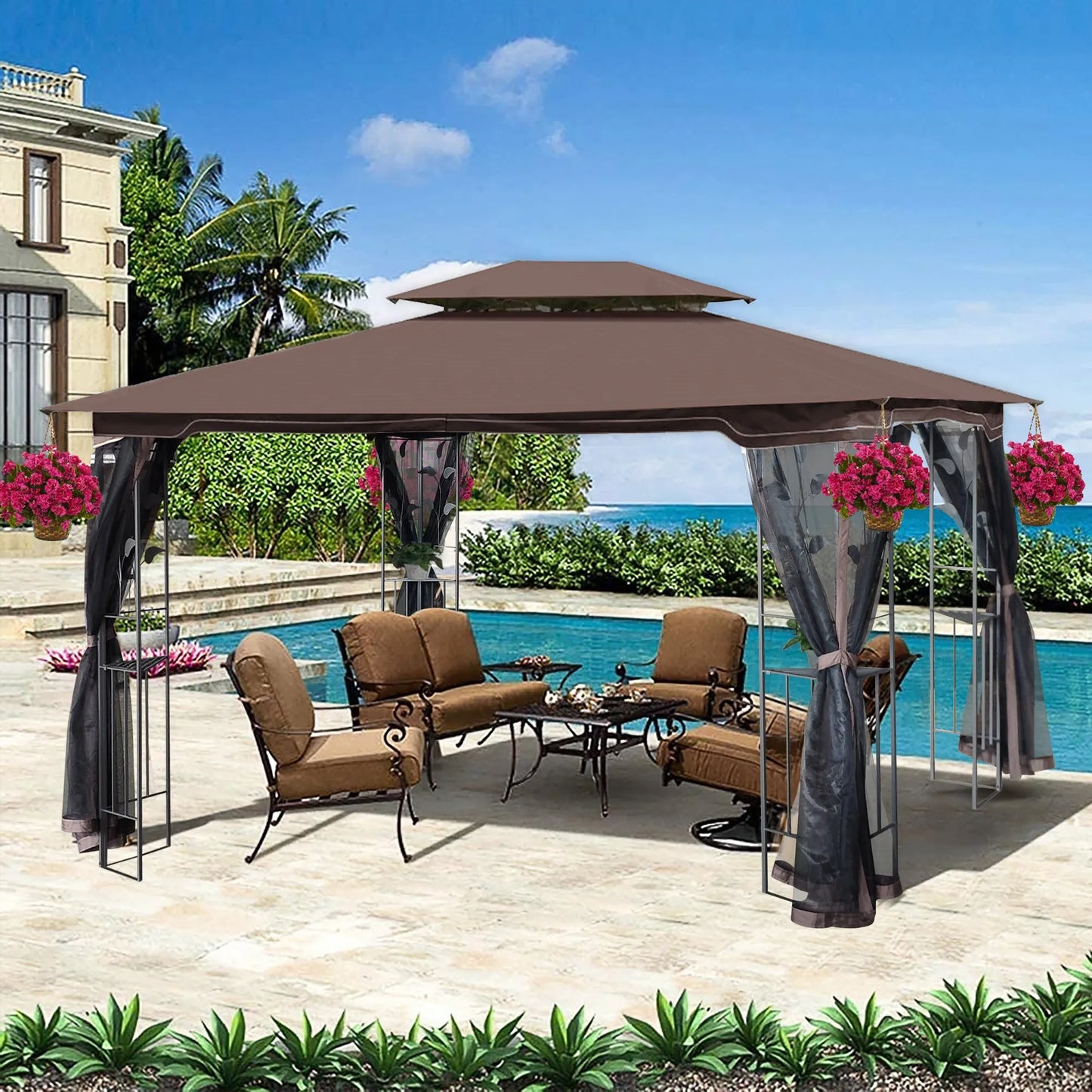 13 x 10 ft Patio Gazebo Tent with Ventilated Double Roof and Mosquito Net, Brown Canopy for Backyard or Garden – view 4