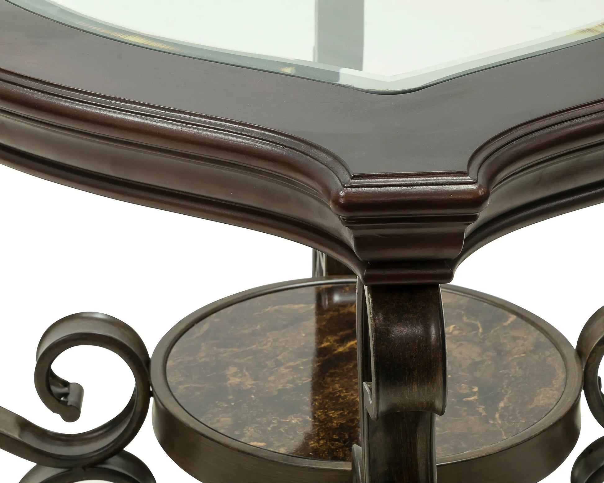 End table, Glass table top, MDF W/marble paper middle shelf, powder coat finish metal legs. (26.3'Lx26.3'Wx24'H) – view 4