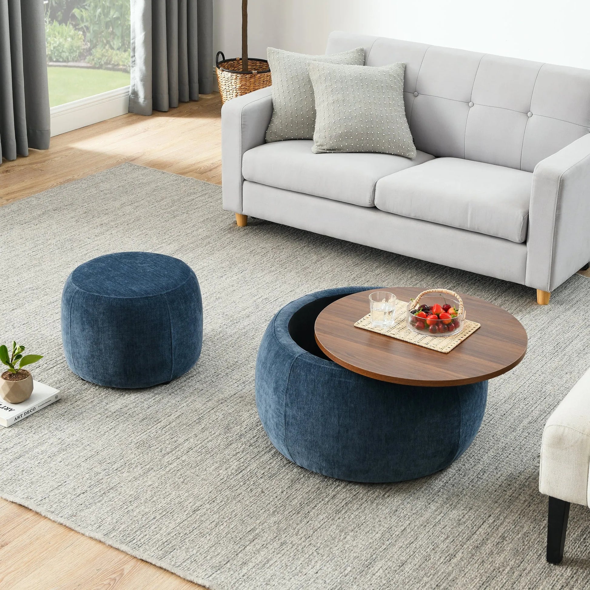 Dark Blue Round Storage Ottoman with 2 in 1 Function as End Table and Ottoman, Eucalyptus Wood and Foam, 25'x25'x14.7' – view 4