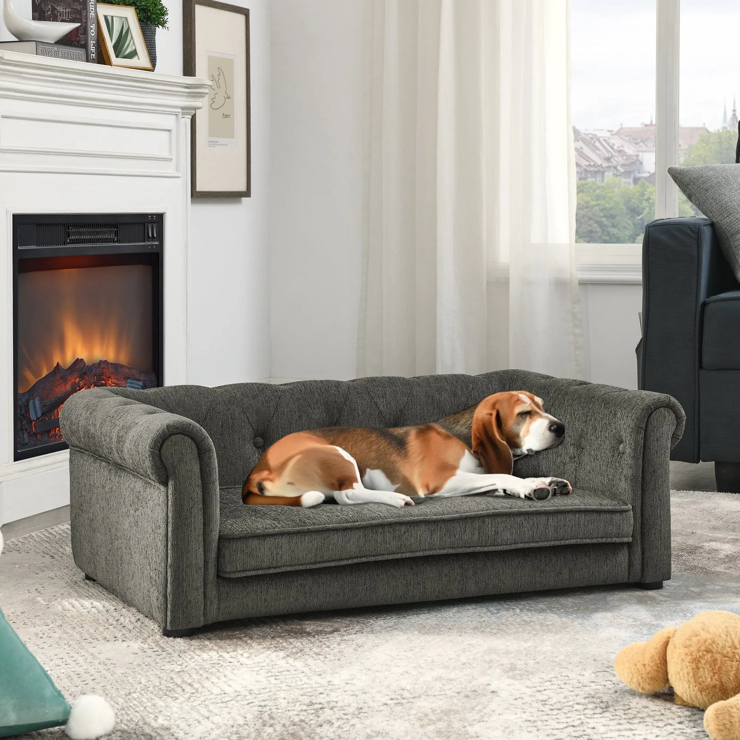 Modern Style Elegant Rectangle Pet Bed for Small and Medium Dogs, Durable Elevated Dog Sofa, Dark Grey Foam – view 4