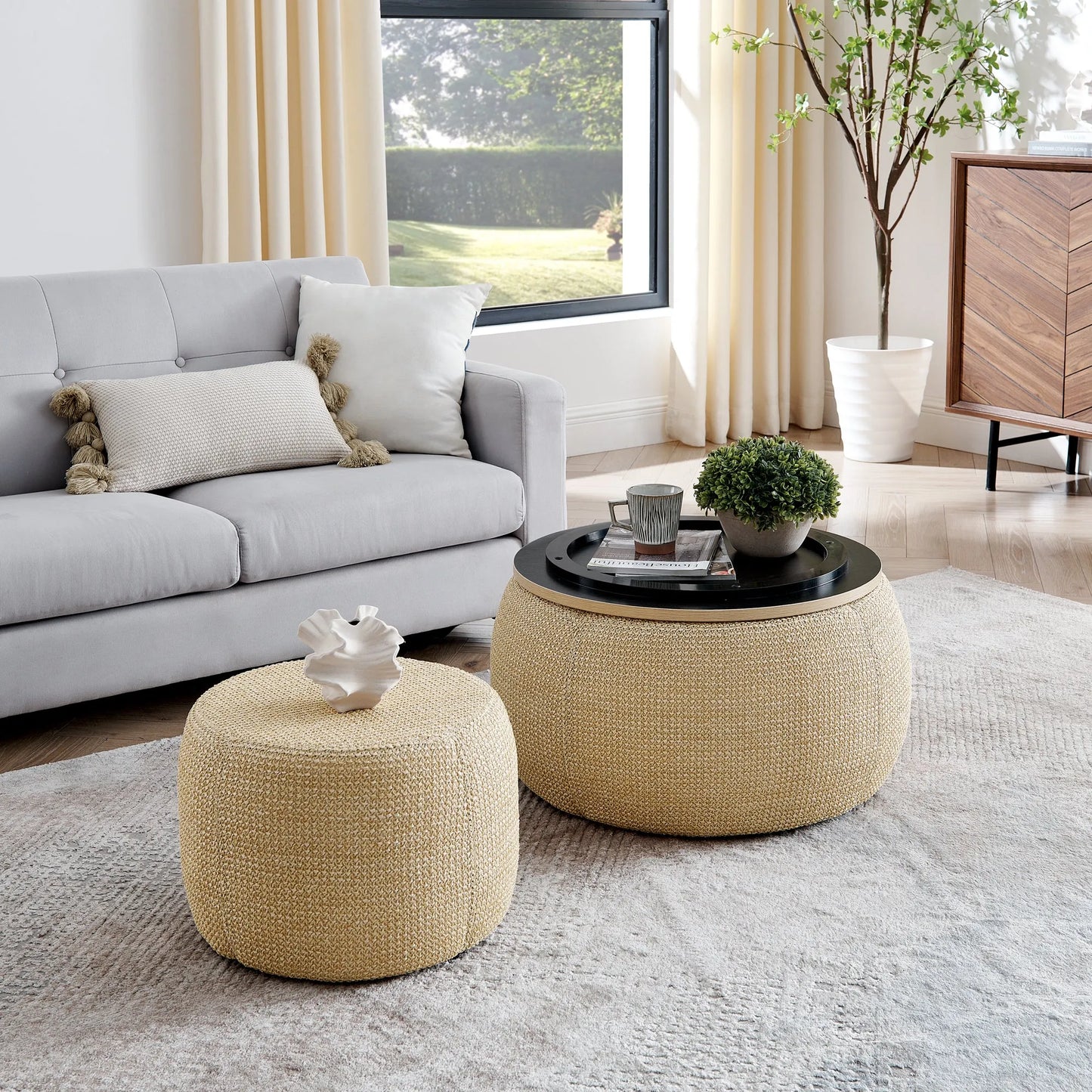 Woven Rattan Fabric Round Storage Ottoman with 2-in-1 Function as End Table and Ottoman, Dark Yellow, 25'x25'x14.7' – view 4