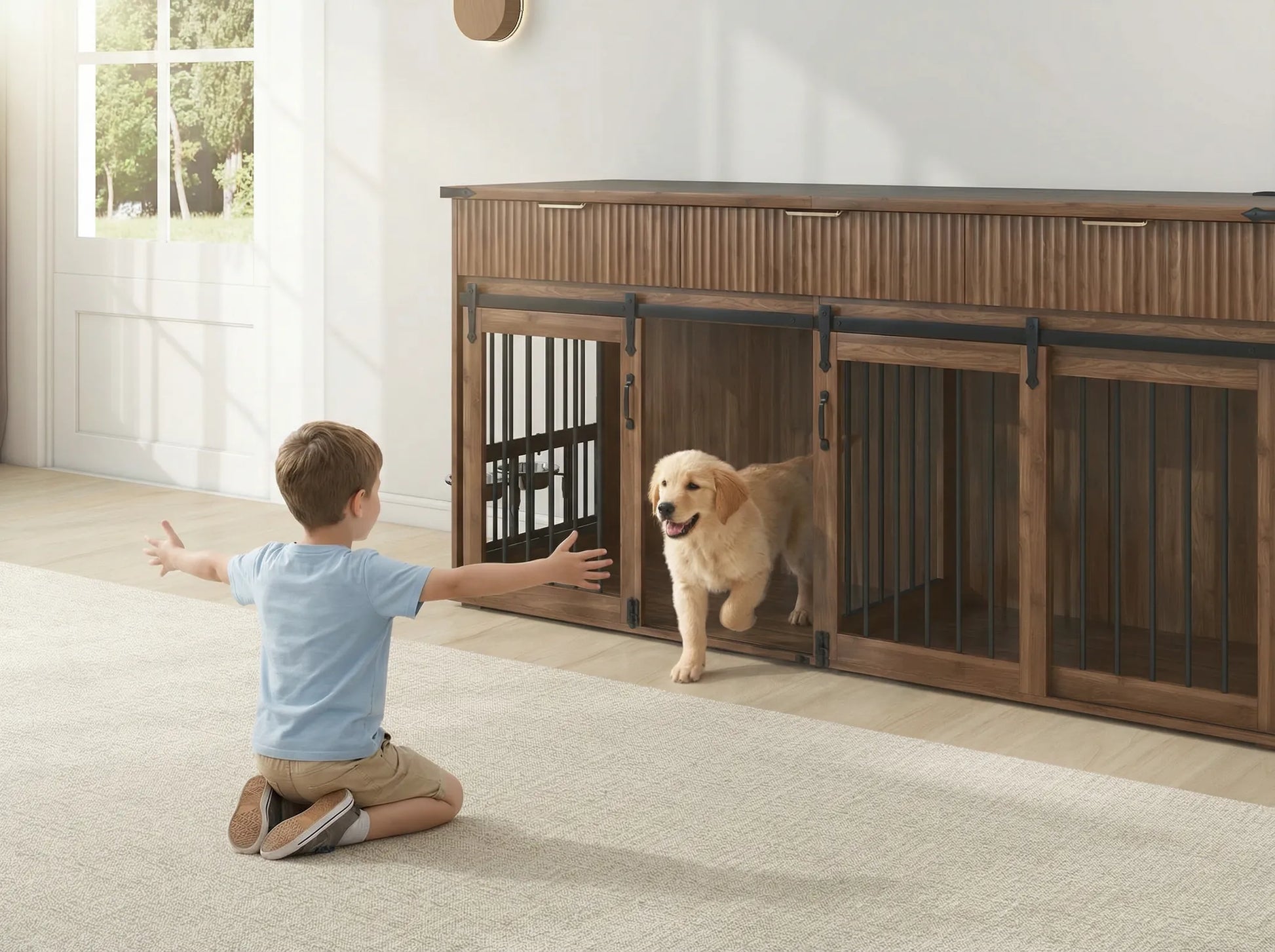 71'' Furniture Style Double Dog Crate with 3 Fluted Drawers and Waterproof Walnut Woodgrain Tabletop,Large Dog Kennel Furniture with Type-C Power – view 4