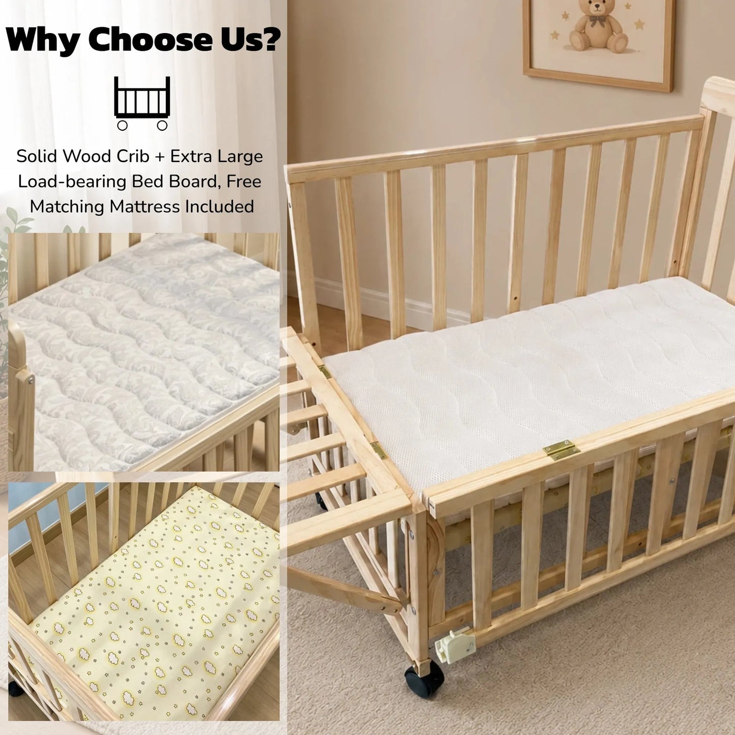 Solid Wood Baby Bassinets Wooden Bedside Bassinet Portable Extendable Mini Baby Crib 3 Adjustable Heights with Mattress for Newborns – view 4