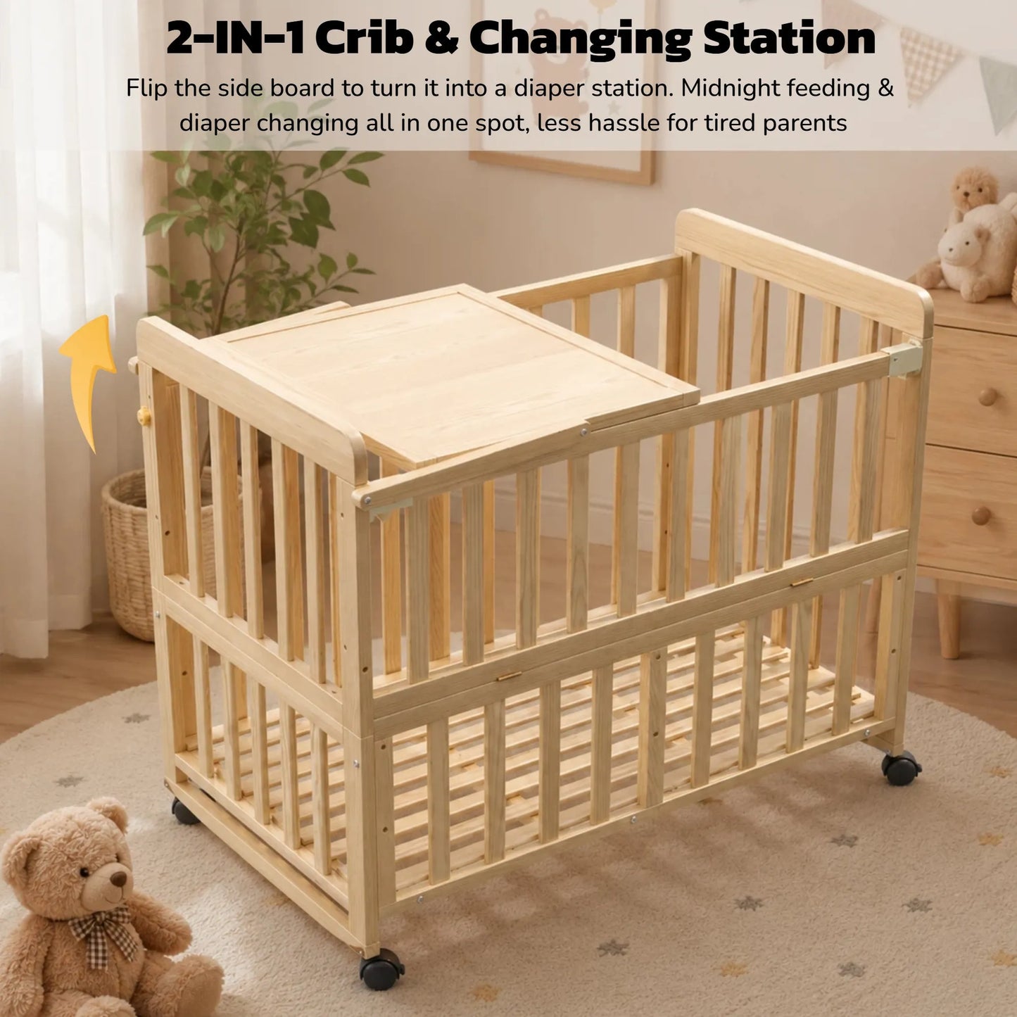 Solid Wood Baby Bassinets Wooden Bedside Bassinet Portable Mini Baby Crib 3 Adjustable Heights With Mattress and Changing Shelf for Newborns – view 4